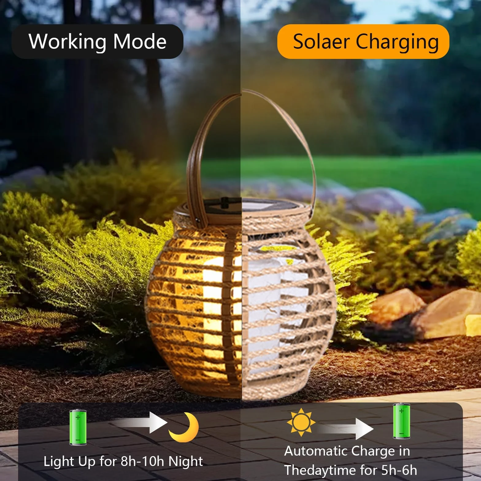 Lanterna solare per esterni, set di 2 lampade solari da giardino con accensione e spegnimento automatico, lanterna intrecciata in fibra naturale, bianco caldo, impermeabili, per terrazza, balcone