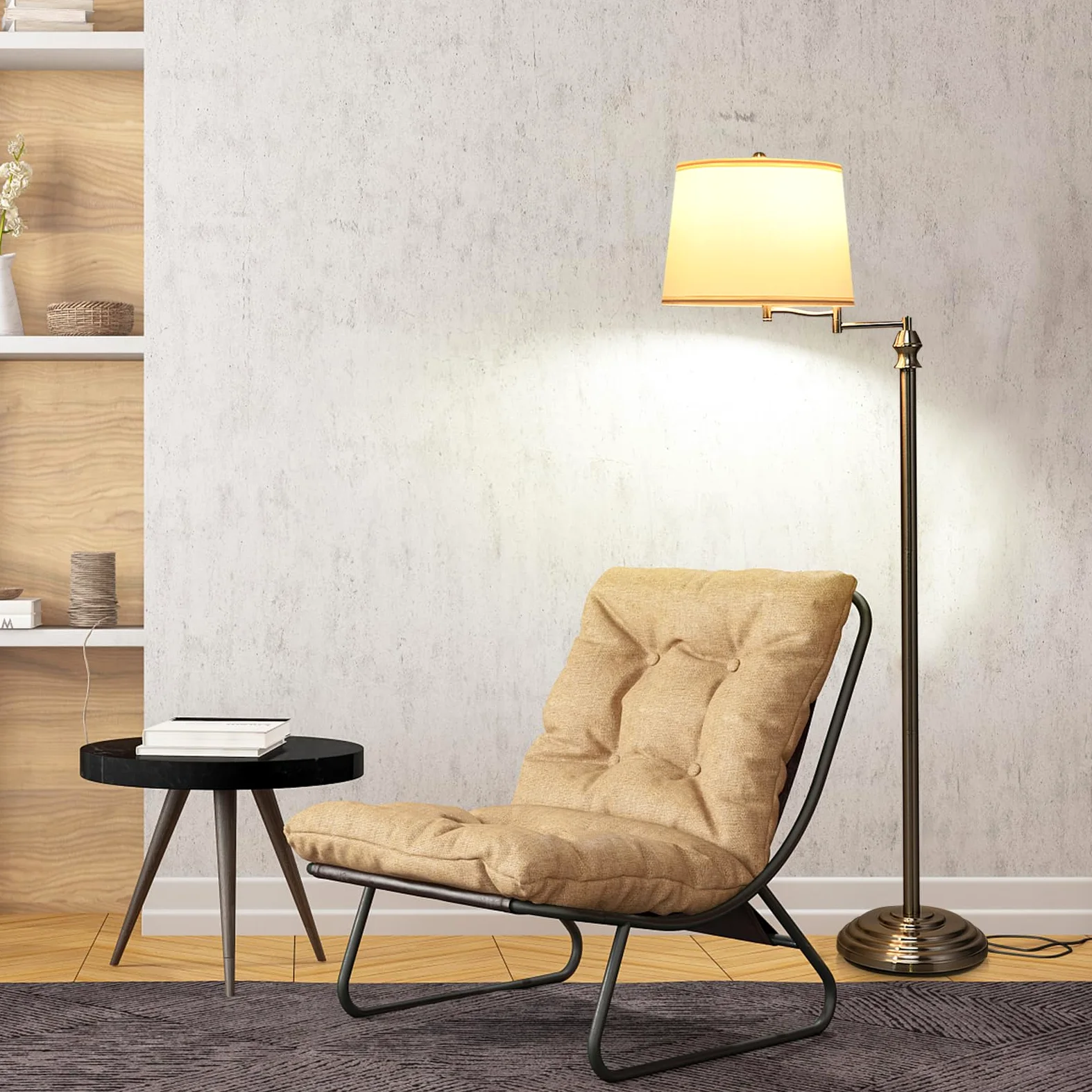 HOMASIS Lampada da Terra, Lampada da Piantana, Lampada Girevole ed Estensibile con Paralume Beige in Tessuto e Base Stabile in Ferro, Senza Lampadina, E27,40W, per Salotto, Studio, 28,5 x 152 cm