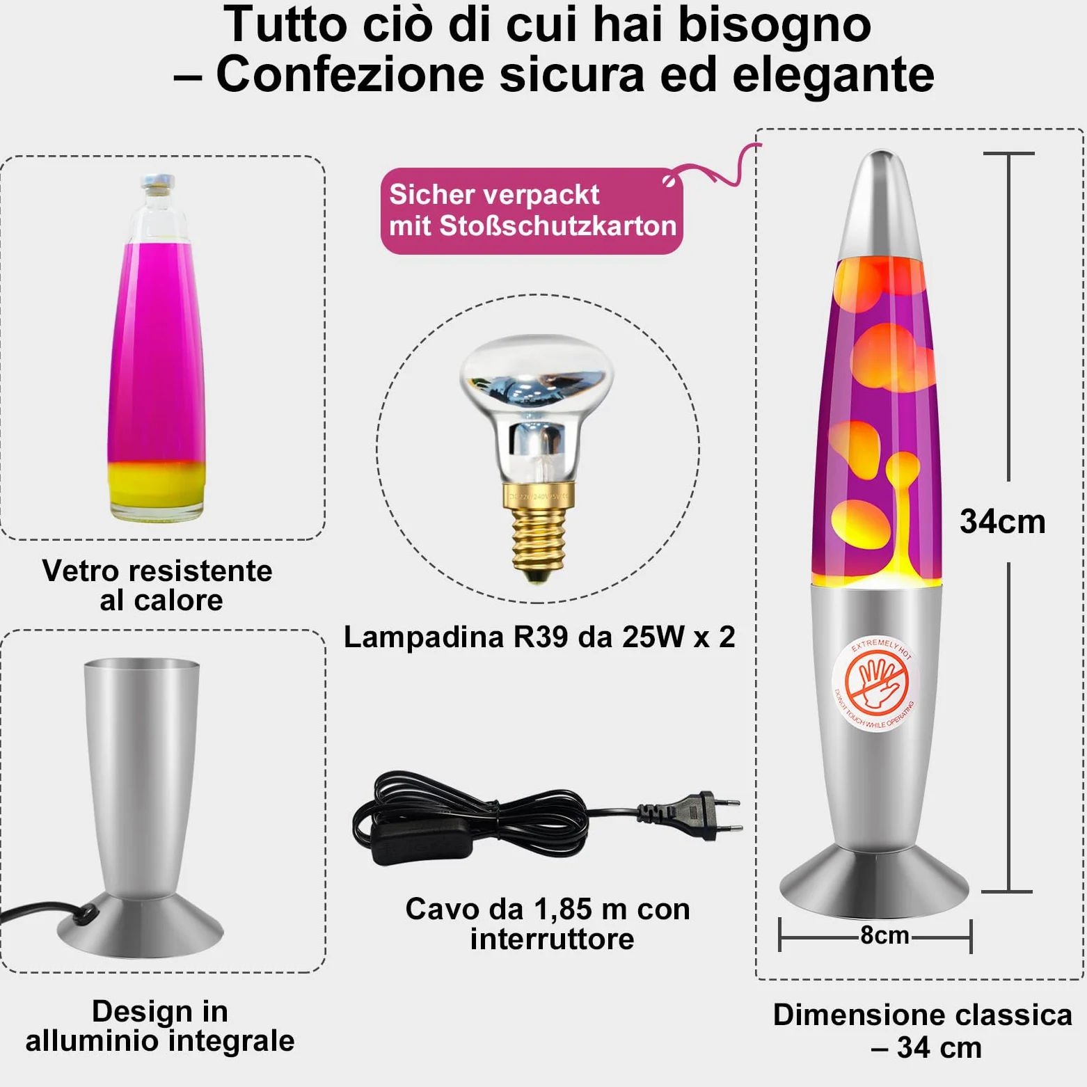 Lampada Lava 34 cm Viola e Gialla – Lampada a Lava Retrò Decorativa – 2 Lampadine R39 25W E14 – Luce d’Atmosfera Rilassante per Camera e Soggiorno, Idee Regalo