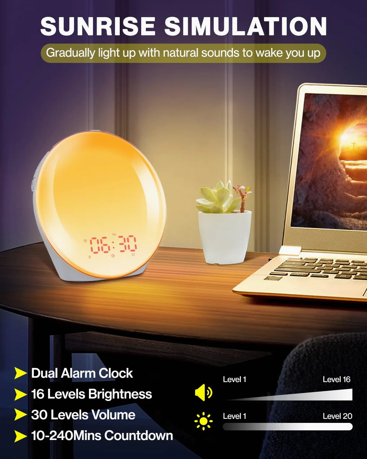 Wake up Light Luce Sveglia da Comodino con Simulazione dell'Alba e Tramonto, Luce Notturna con 2 Sveglie, 20 Livelli di Luminosità, 14 Colori, 10 Tipi Di Suoneria, FM Radio e Funzione Snooze