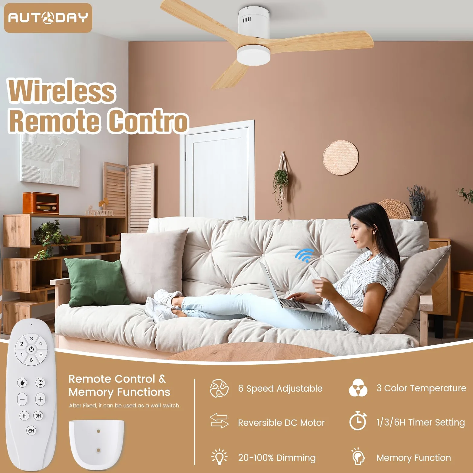 Ventilatore da Soffitto in Legno con Luce Diametro 132cm Dimmerabile 24W LED 38W Motore DC Ultra Silenzioso Telecomando con Funzione di Memoria 6 Velocità Timer