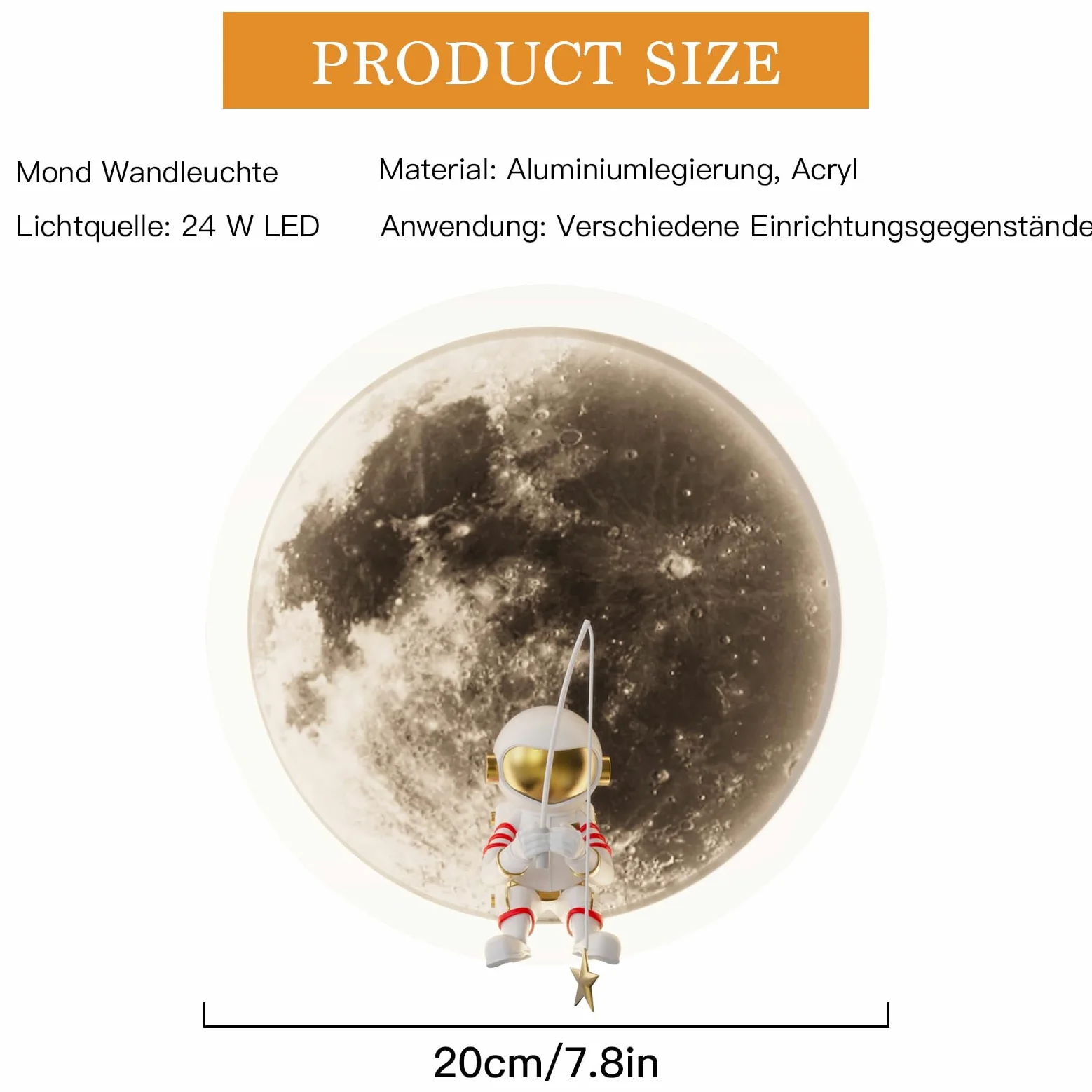 LED bambini luce di luna parete luce, decorazione astronauta interna, 3000K 12W bambini circolare camera da letto Bianco