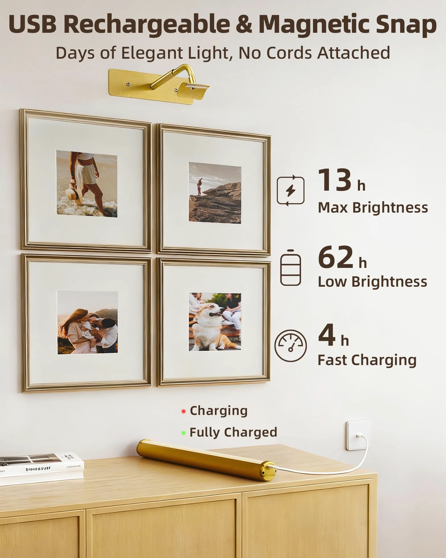 EZVALO Lampada da parete ricaricabile senza fili, 33 cm Illuminazione per Dipinti con Batteria Ricaricabile da 4000 mAh, Telecomando, Regolabile, applique a LED per Quadri e Dipinti - Oro | Lampada da parete da 33 cm con telecomando, dimmerabile e 3 tempe