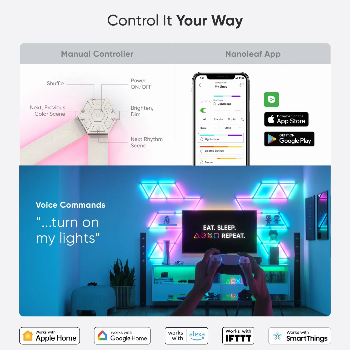 Nanoleaf Lines 60 Degrees Expansion Pack, 3 Barre LED Aggiuntivi RGBW Smart Modulari - Applique da Parete Interno Modulari, Luci Led 16M Colori WiFi, Funziona con Alexa, Sincronia Musica e Monitor