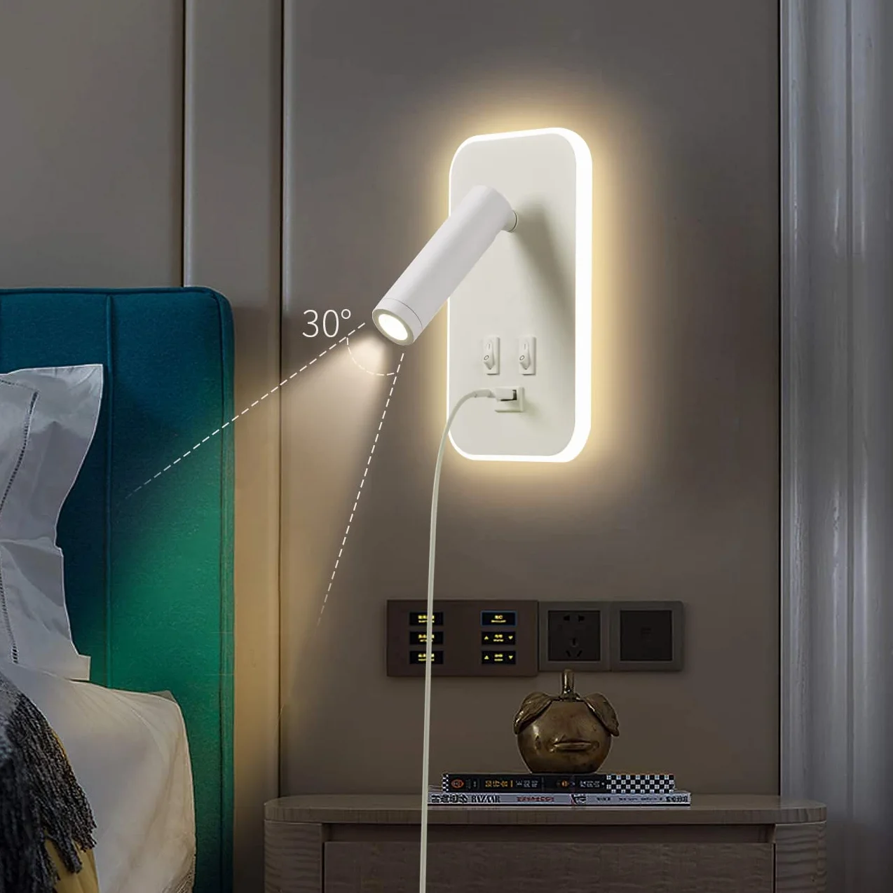 Lampada da Parete a LED, Lampada da Lettura da Comodino, con Porta di Ricarica USB, Faretto Regolabile con Luce Ambientale per Camera da Letto (3W 3100K+9W 6000K) Bianco
