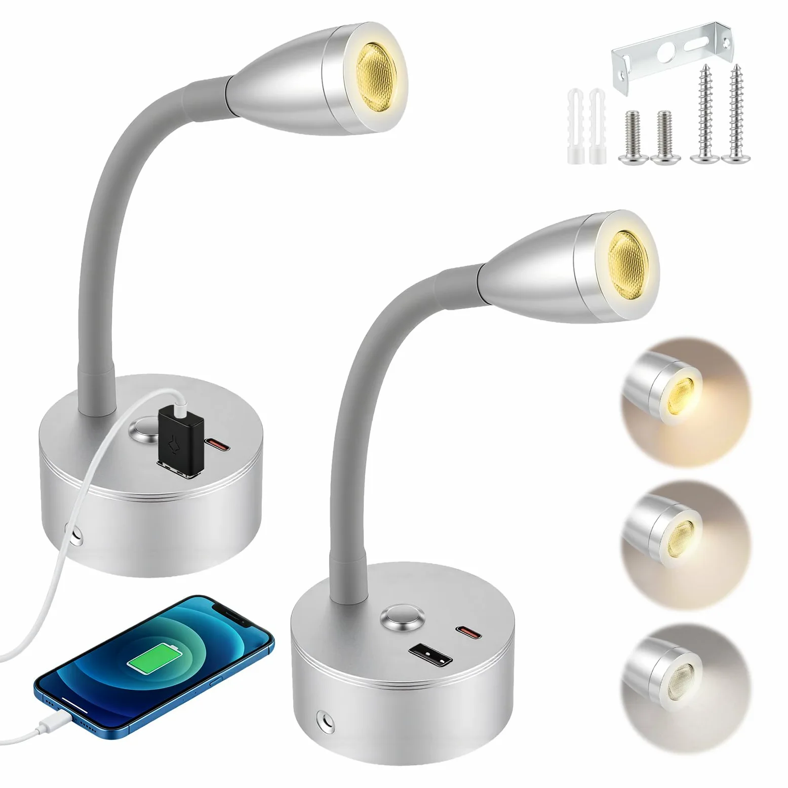 2 Pezzi Lampada da Lettura per Camper con Caricabatterie USB A+C, faretto da Parete a LED da 12 V, Lampada da Parete Flessibile a Collo D'Oca per Camper roulotte Barca Yacht (Argento)