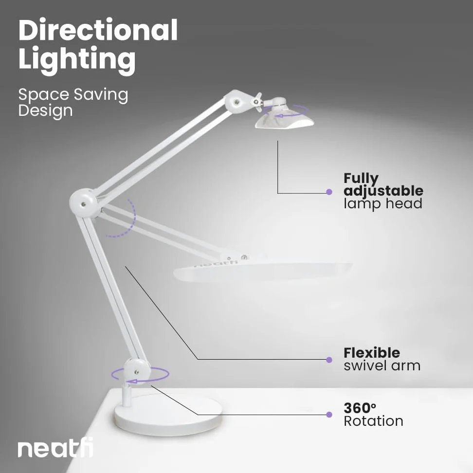 Neatfi Lampada da lavoro a LED XL da 2.200 lumen, lampada da scrivania super luminosa da 24 W, 117 LED SMD, larghezza 51 cm, luminosità a 4 livelli, dimmerabile, lampada a LED per la cura degli occhi