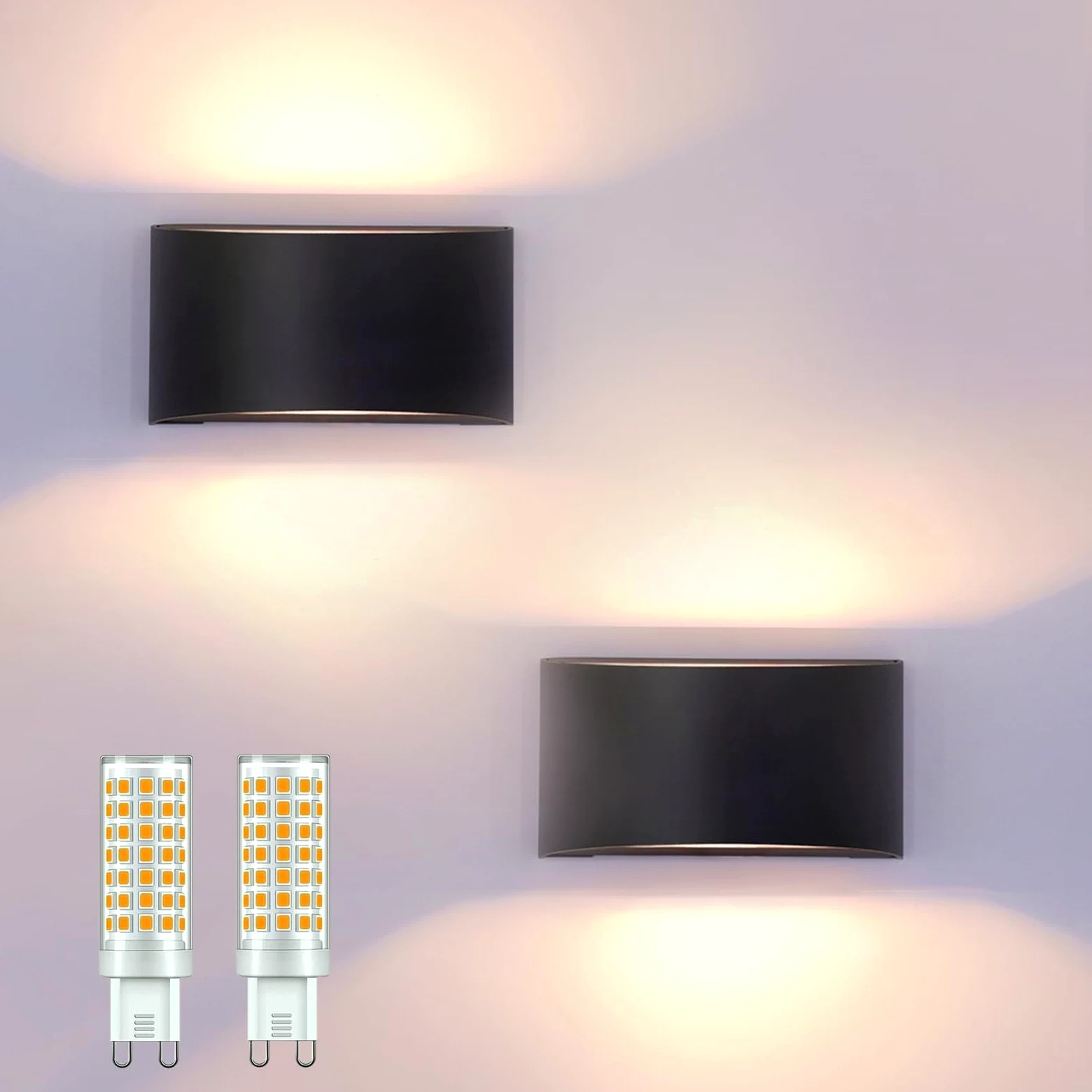 KICAAO 2 Pezzi Applique da Parete LED Moderno, Lampada da Parete Interno/Esterno con Lampadina G9 Sostituibile, 7W Luce Calda 3000K, Alluminio Nero Impermeabile IP65 per Ingresso Giardino
