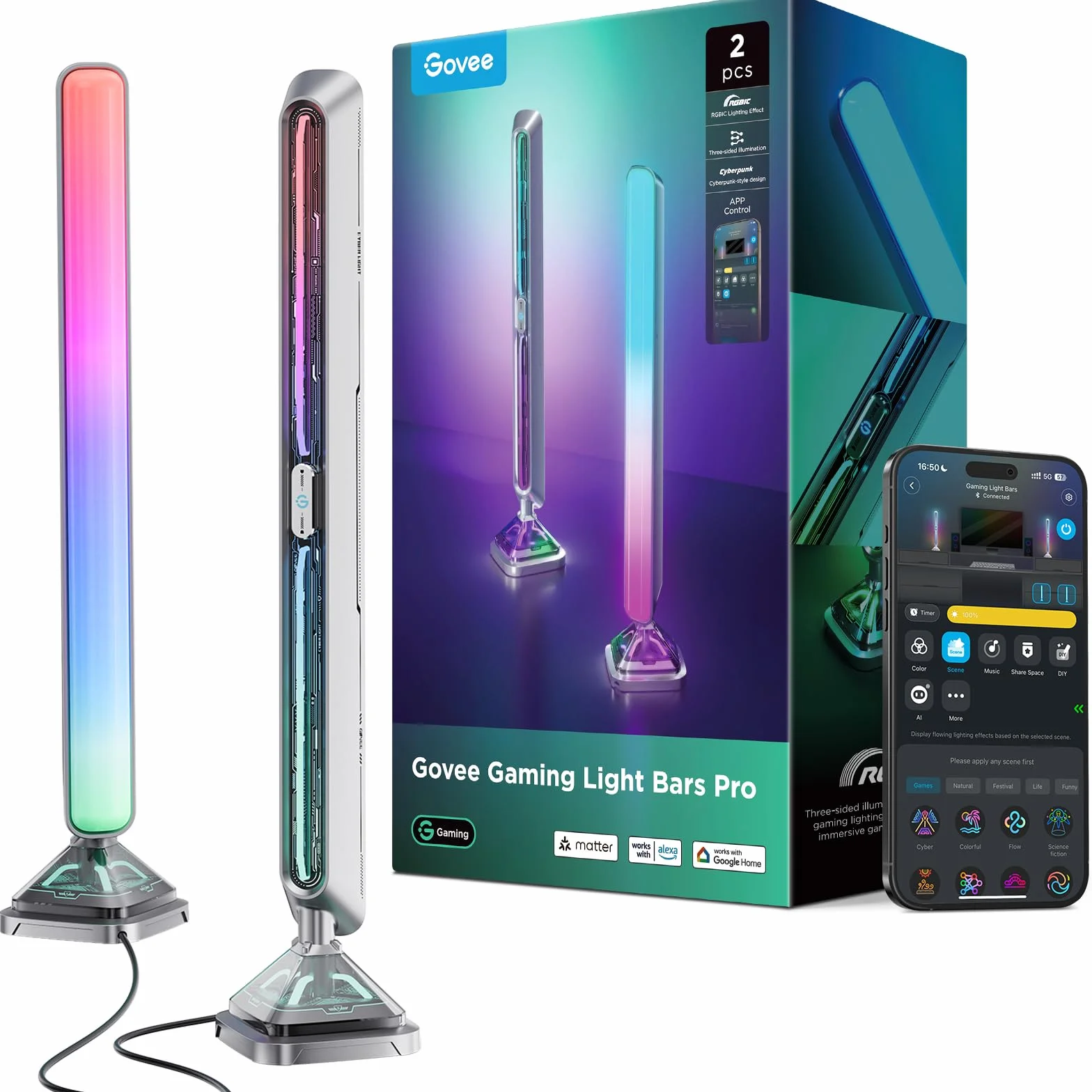 Govee Gaming Barre Luminose Pro, Strisce luminose LED intelligenti da gioco da 16 pollici aggiornate con illuminazione RGBIC a tre lati per monitor, 60+ scena, compatibili con Alexa e Google Home
