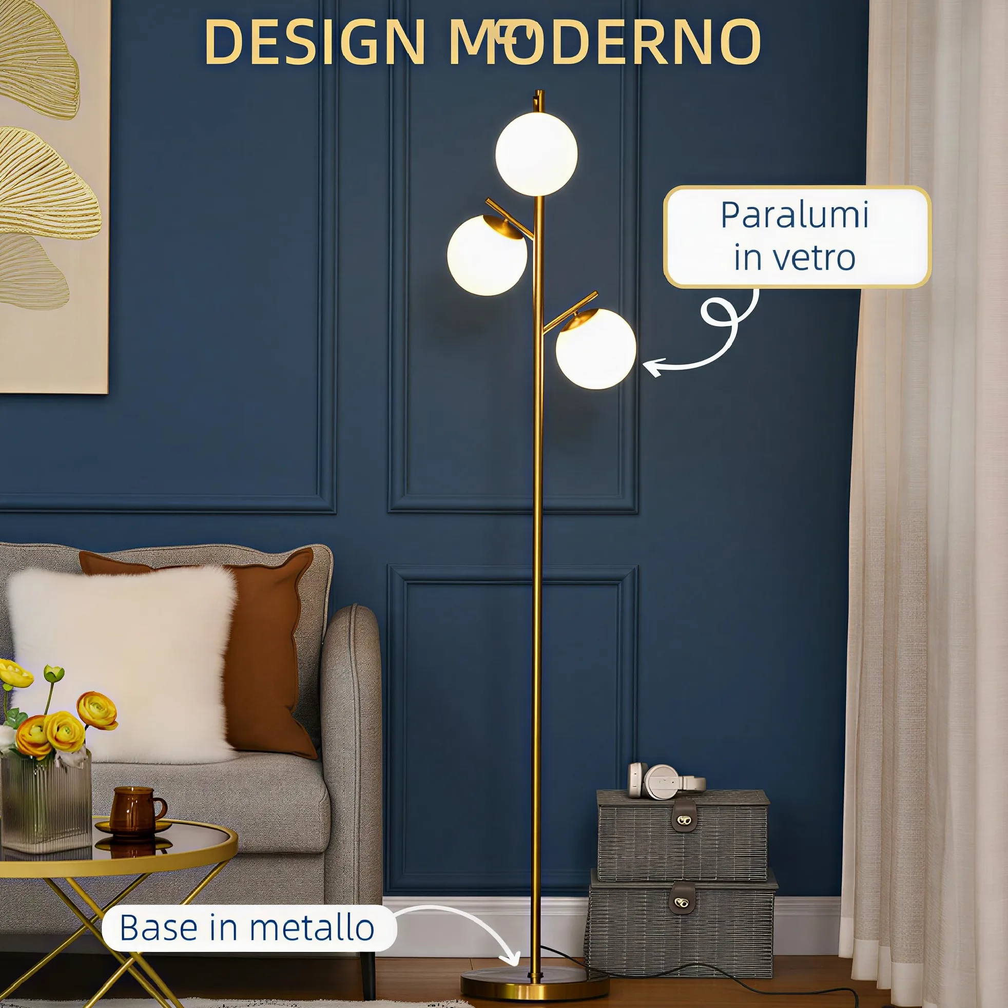 HOMCOM Lampada da Terra Moderna con 3 Punti Luce, Lampada a Piantana in Metallo e Vetro, Ø27x169cm, Oro
