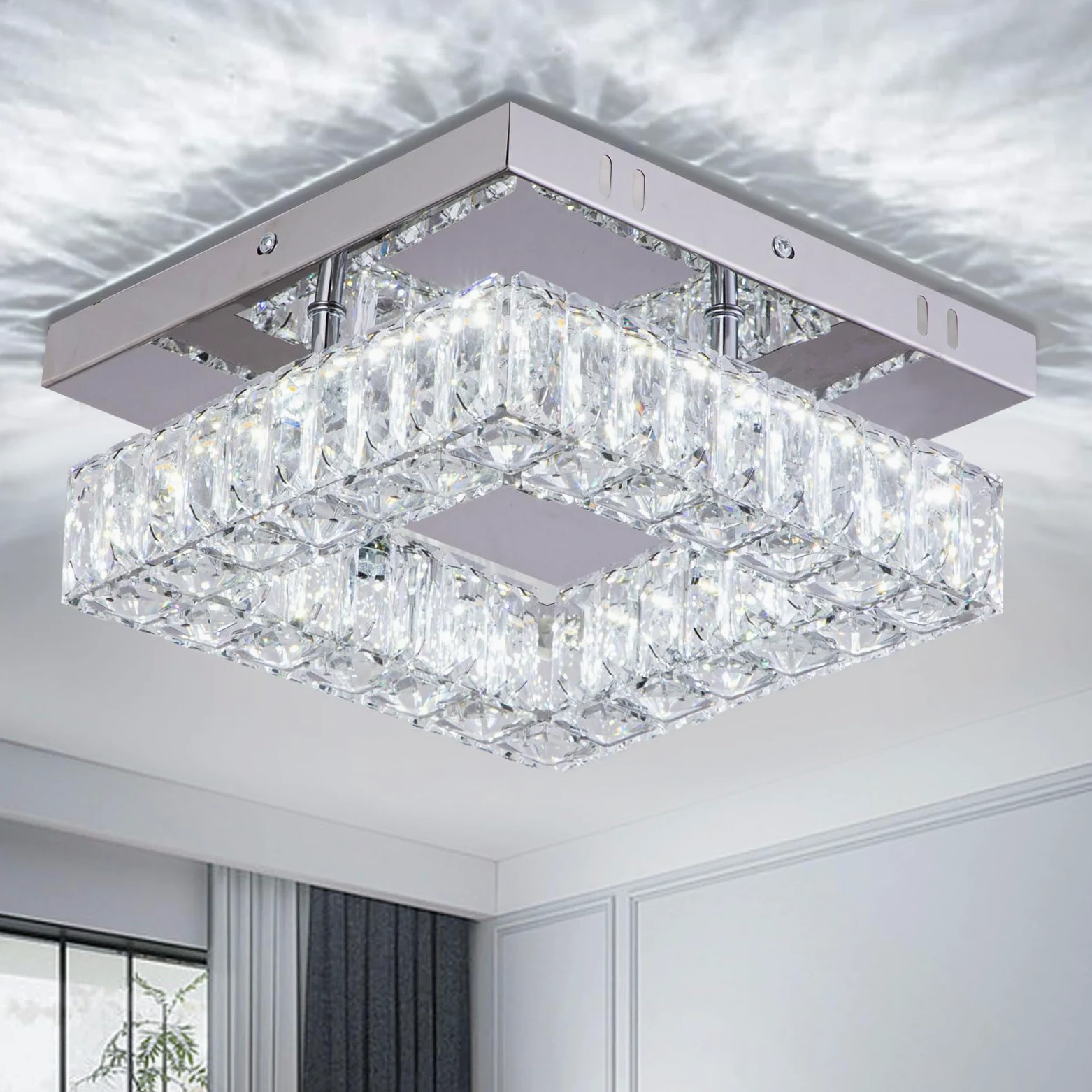 Lampadari moderni cristallo Mini lampadari moderni di cristallo quadrato Flush Mount plafoniera LED lampadario per corridoio cucina Foyer sala da pranzo, Dia 9,8 ", 18 W 6000K