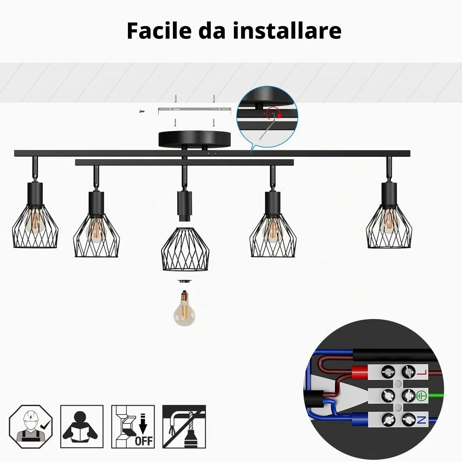 LVWIT Faretti Soffitto Nero, Faretti Orientabili con 5 Attacco E14, Faretto da Interno Moderna, Lampadario Faretti per Barra, Salotto, Cameretta, Cucina,Corridoio Illuminazione (Senza Lampadina)