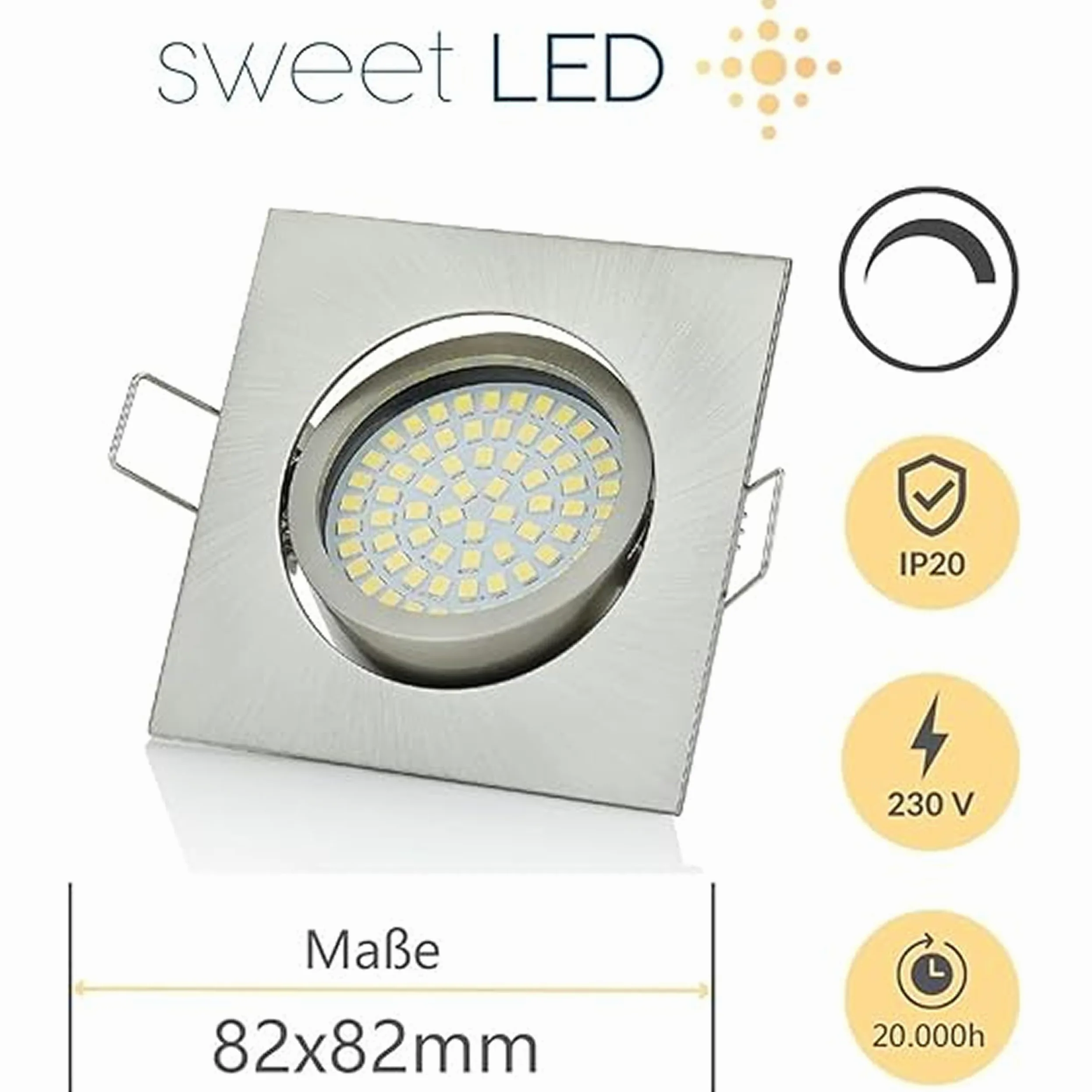 Sweet-led®, set di 6 faretti LED regolabili da incasso, 230 V, 5 W, orientabili, rotondi, cromo spazzolato, 400 lumen, 3000 K, a luce bianca calda moderno Eckig, Chrom Gebürstet, Kaltweiß
