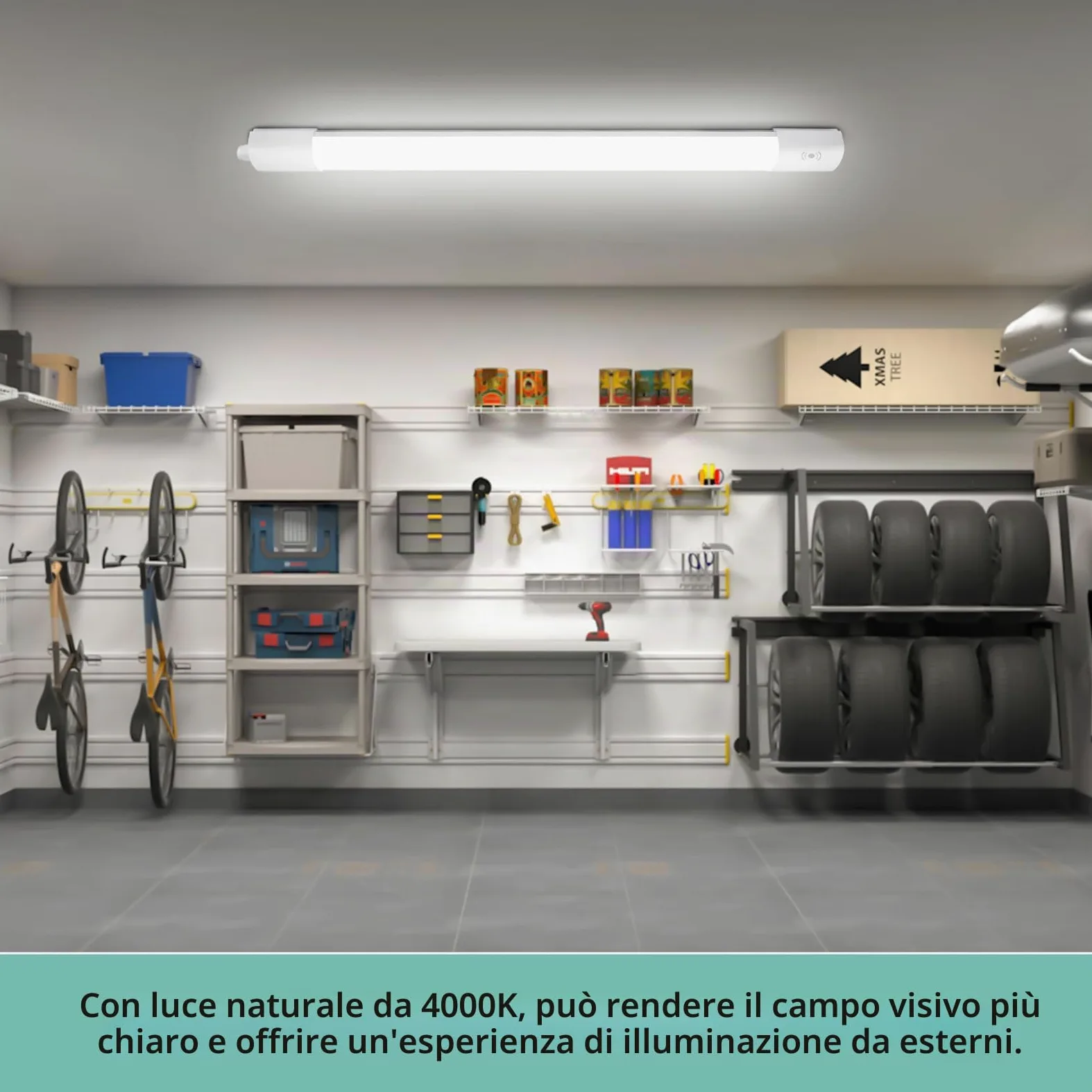 Neon LED120cm Plafoniera Soffitto Lineare con Sensore Movimento, 36W 4000LM IP65 Antipolvere Impermeabile - Luce a Prova di Umidità per Garage, Cantina, Officina e Bagno 4000K - Bianco Naturale