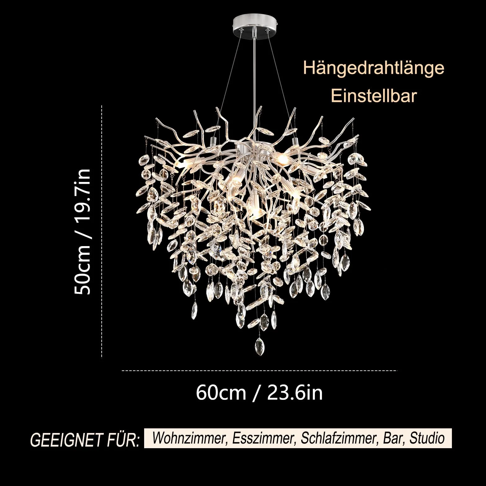 Lusso Lampadario di Cristallo, Argento Lampada a Sospensione di Cristallo a Forma di Ramo d'albero, Lampadario al Cristallo Luce per Sala da Pranzo, Soggiorno, Camera da Letto