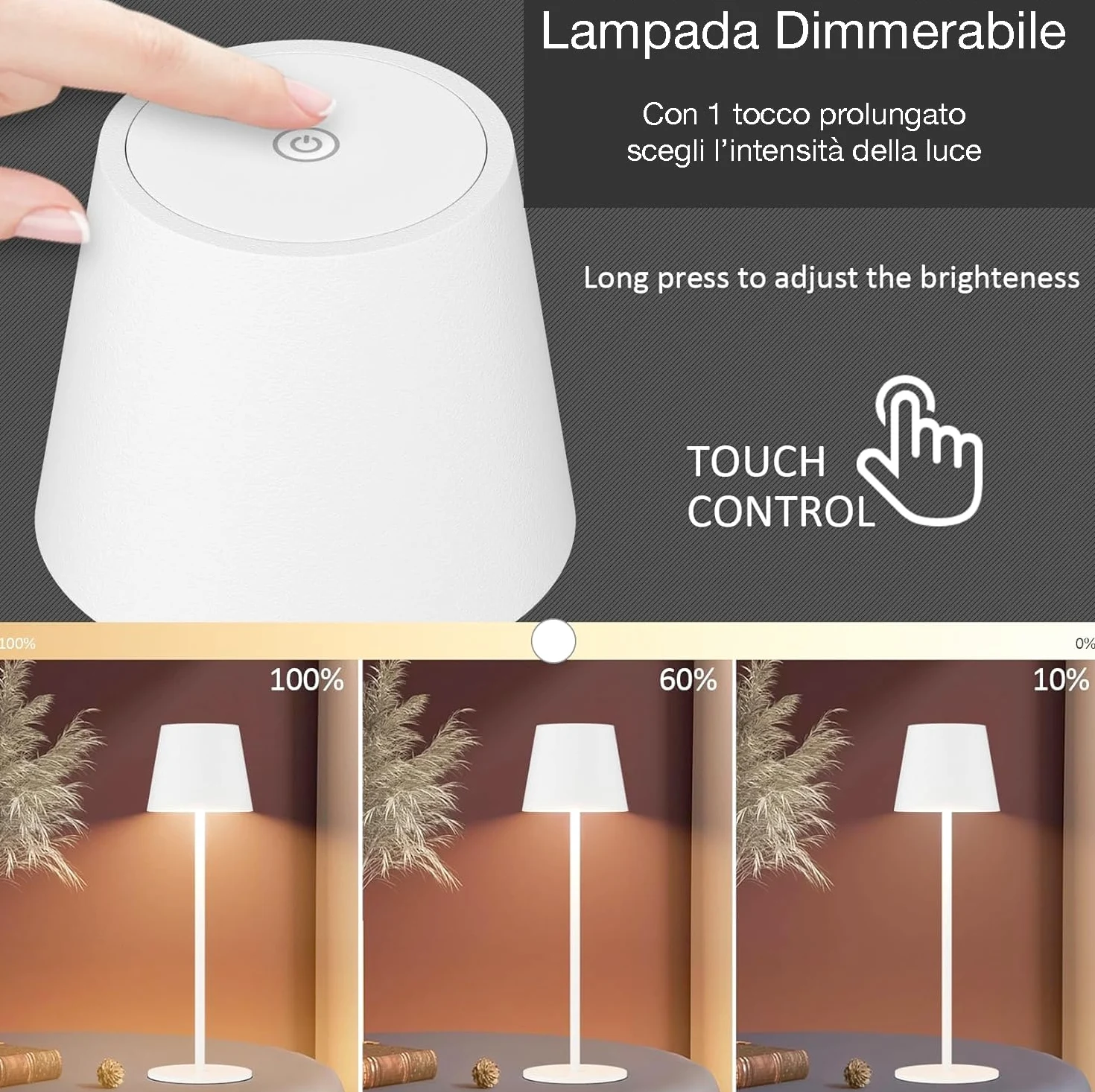 081 Store - 2 PEZZI LAMPADA DA TAVOLO SENZA FILI RICARICABILE BIANCHE, LAMPADA DA TAVOLO LED DIMMERABILE E CON 3 TONALITà DI LUCE, DIMMERABILE 3000-65000K ED IMPERMEABILE IP54