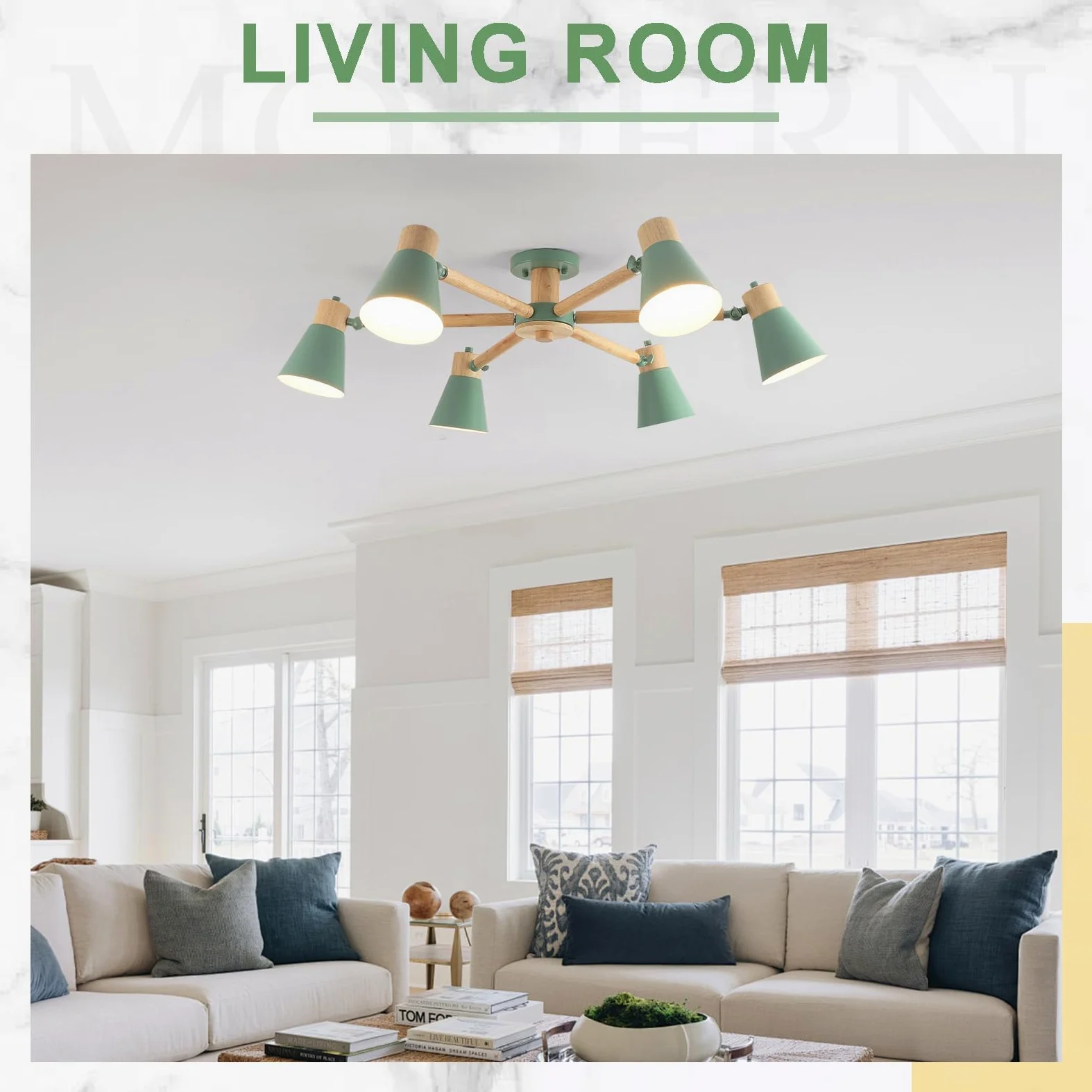 Verde Lampadario Camera Da Letto 6 Luci,Legno E Ferro Lampadario Soggiorno A Bracci Luminosi Regolabili lampadari E27 Ø82Cm Moderno Lampadario Cucina Per Letto Casa Camera Salotto