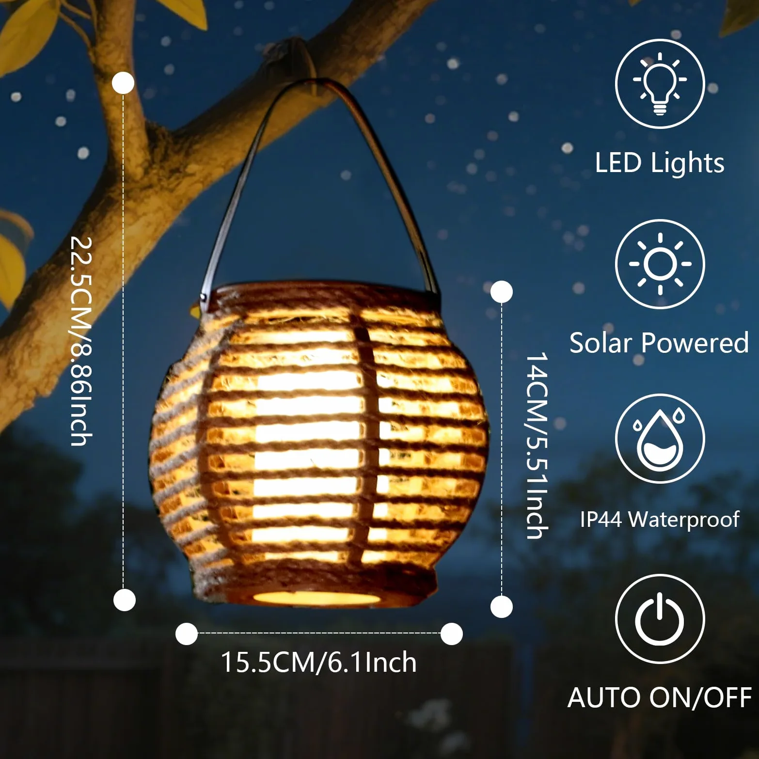 Lanterna solare per esterni, set di 2 lampade solari da giardino con accensione e spegnimento automatico, lanterna intrecciata in fibra naturale, bianco caldo, impermeabili, per terrazza, balcone