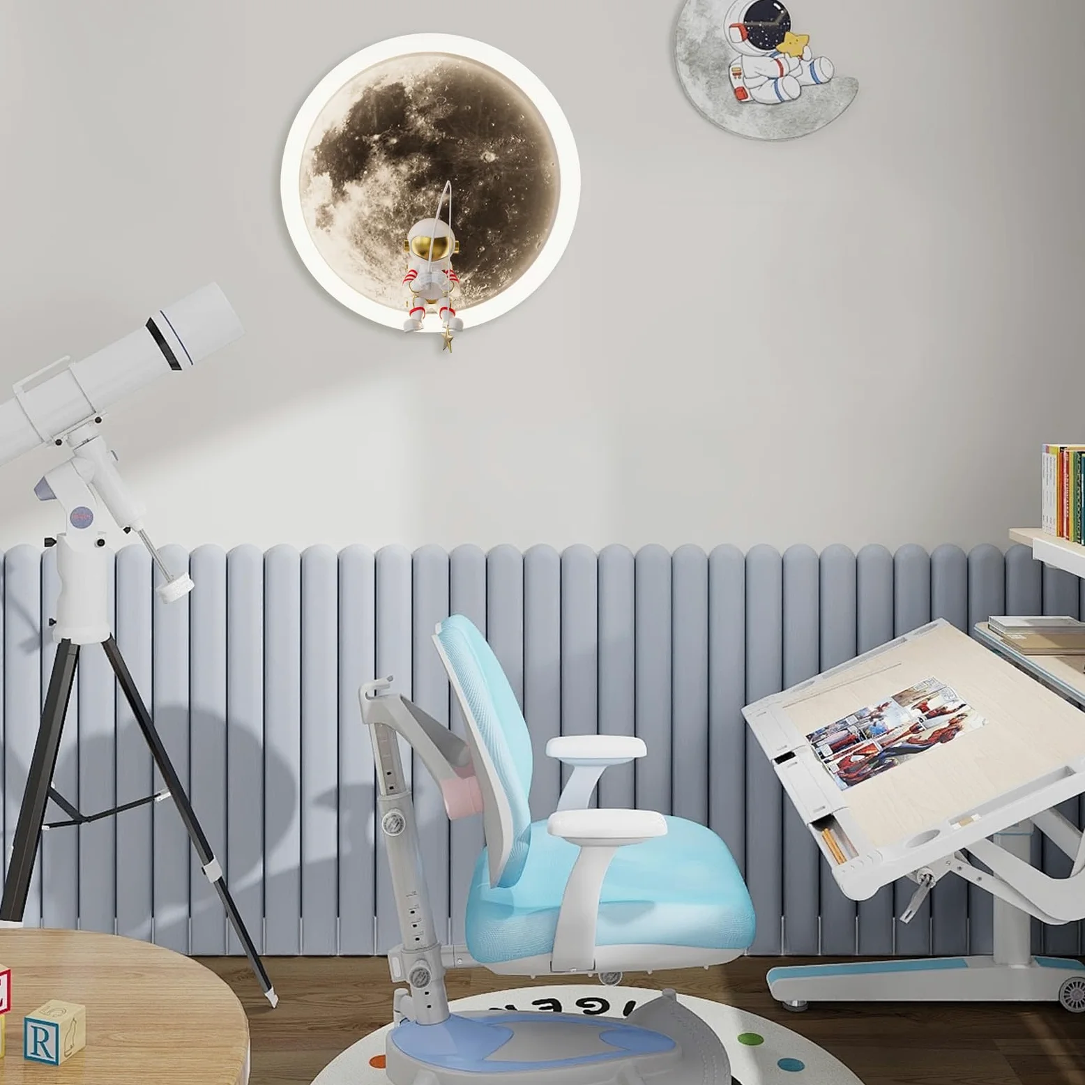 LED bambini luce di luna parete luce, decorazione astronauta interna, 3000K 12W bambini circolare camera da letto Bianco
