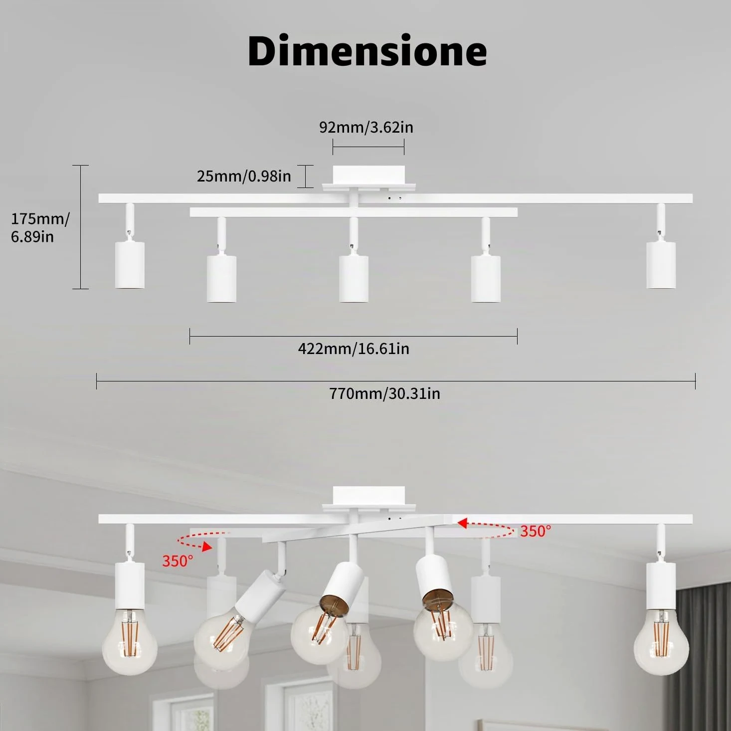 LVWIT Faretti Orientabili Bianco, Faretti Soffitto con 5 Attacco E27, Faretto da Interno Moderna, Lampadario Faretti per Barra, Salotto, Cameretta, Cucina,Corridoio Illuminazione (Senza Lampadina)