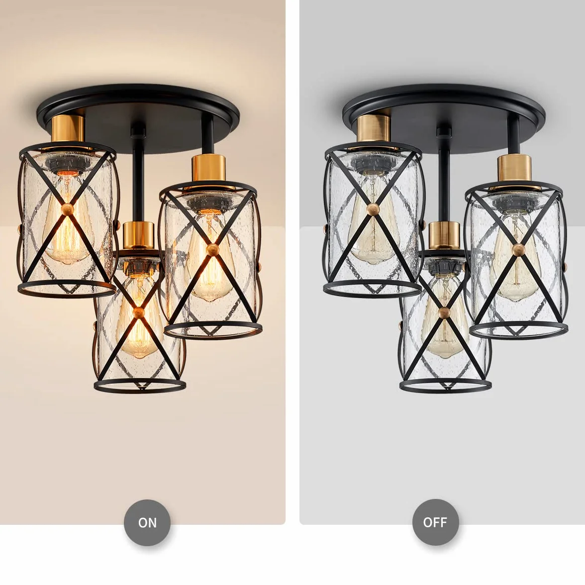 WUZUPS lampadario semi flushmount industriale a 3 luci plafoniera trasparente paralume in vetro seminato per ingresso portico foyer cucina sala da pranzo bagno, w29 h34, e27 base nera con ottone