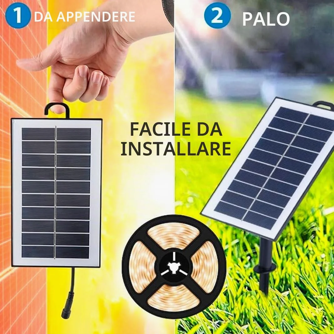 M Ledme - Striscia LED solare esterna giardino 5 metri con telecomando, IP68 sommergibile, 300 LED, luce LED bianco caldo, con kit di installazione per piastra solare, per giardino, casa, decorativa