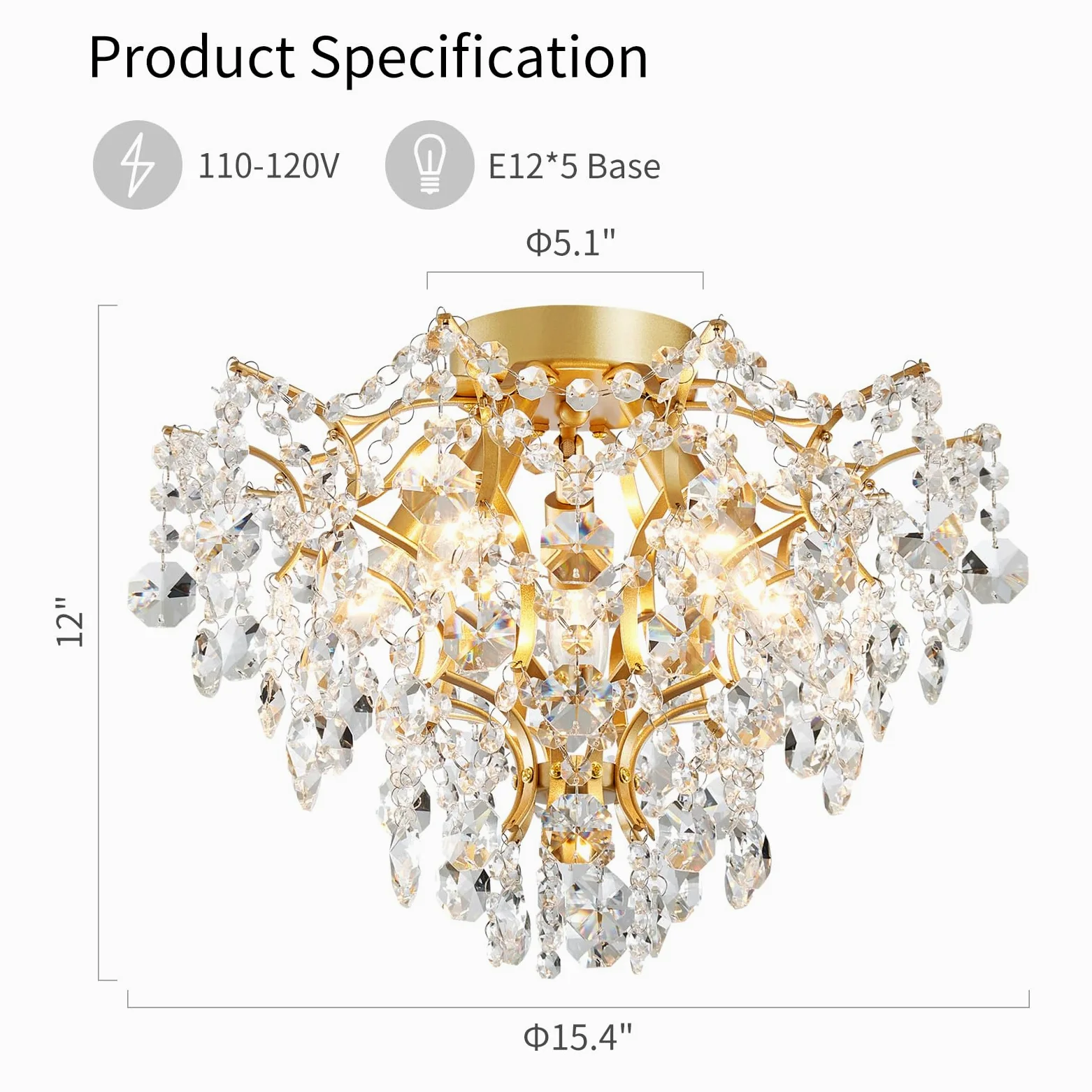 WUZUPS 5-luce cristallo lampadario Flushmount lampada a soffitto moderno illuminazione per camera da letto corridoio bar cucina bagno, H 30.5 cm x L 39 cm, E14 Base, oro