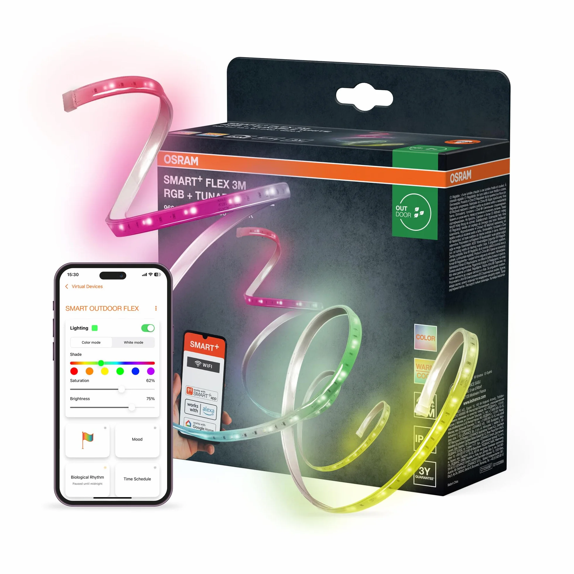 OSRAM Striscia LED SMART+ WiFi OUTDOOR FLEX 3M, bianca, 12W, 790lm, luce bianca regolabile e luce colorata RGB per esterni, dimmerabile, lunga durata, controllabile tramite SMART+ App, IP44