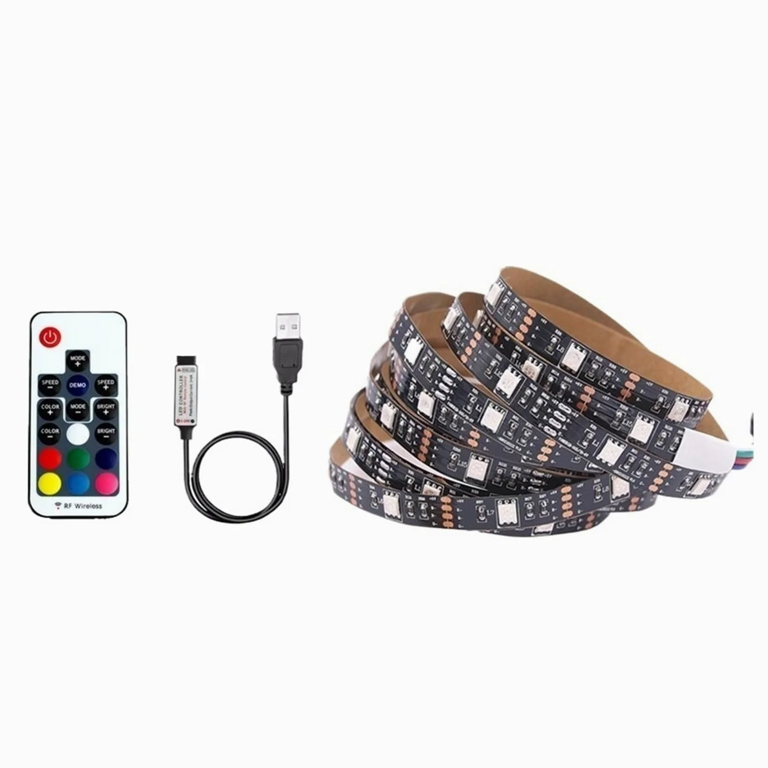 Striscia LED USB RGB 5V PCB nera for retroilluminazione TV(IP65 Waterproof,WITH 17KEY USB SET_5M_60LED PER METER)
