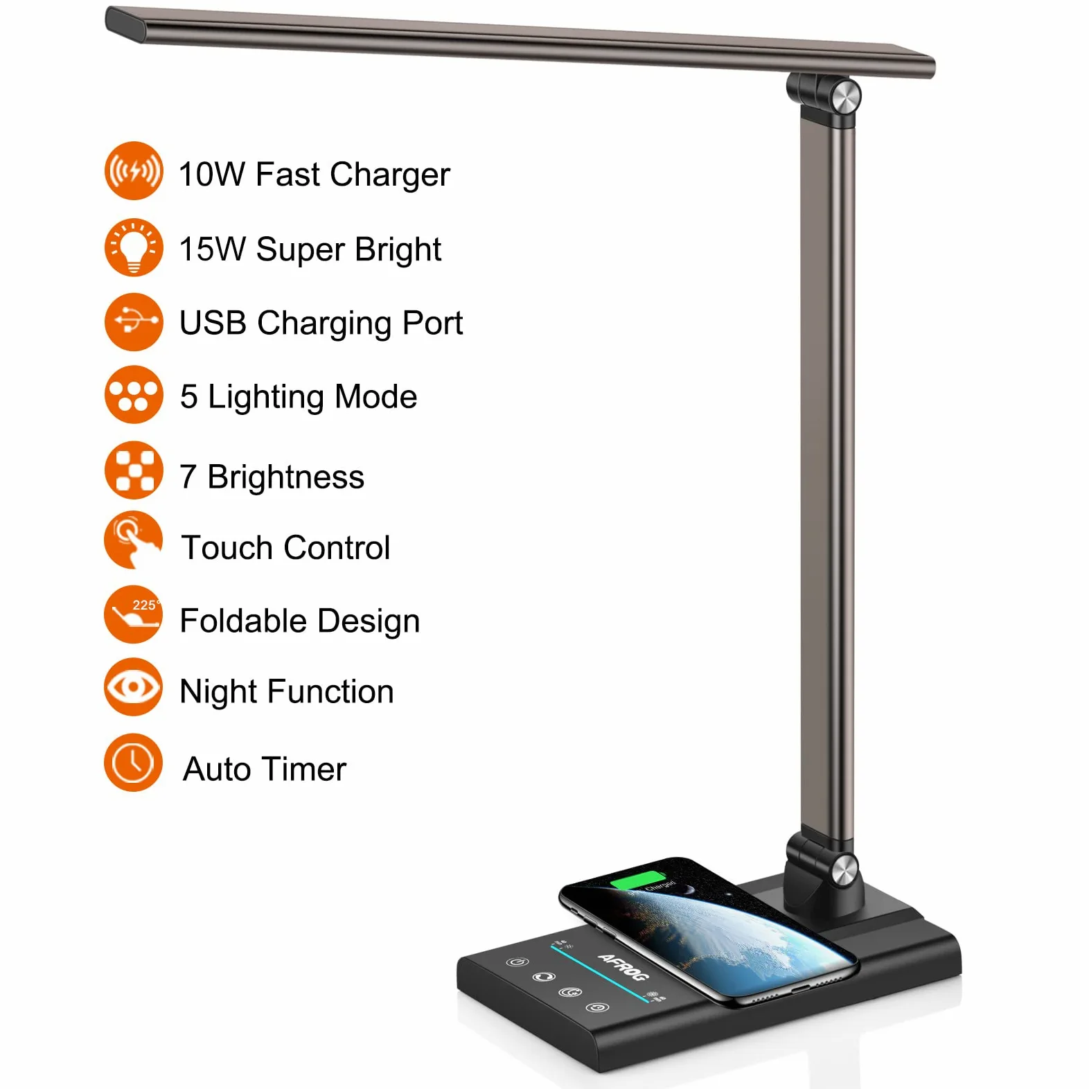 AFROG Lampada da scrivania a LED multifunzione 5a generazione con caricabatterie wireless veloce da 10 W, porta di ricarica USB, 1800 lux super luminosa, 5 modalità di illuminazione, 7 luminosità,