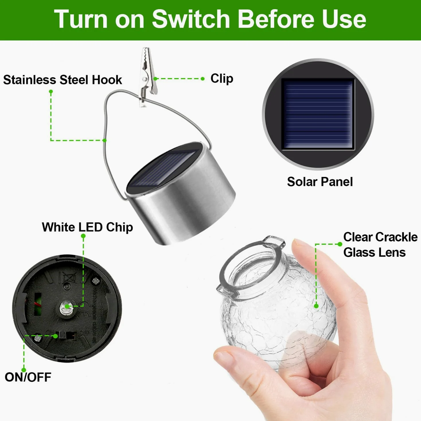 Luci solari da appendere per esterni, confezione da 8, lanterna solare impermeabile con manico e clip, luci a sfera in vetro a energia solare, per giardino, cortile, recinzione, albero, ombrello,