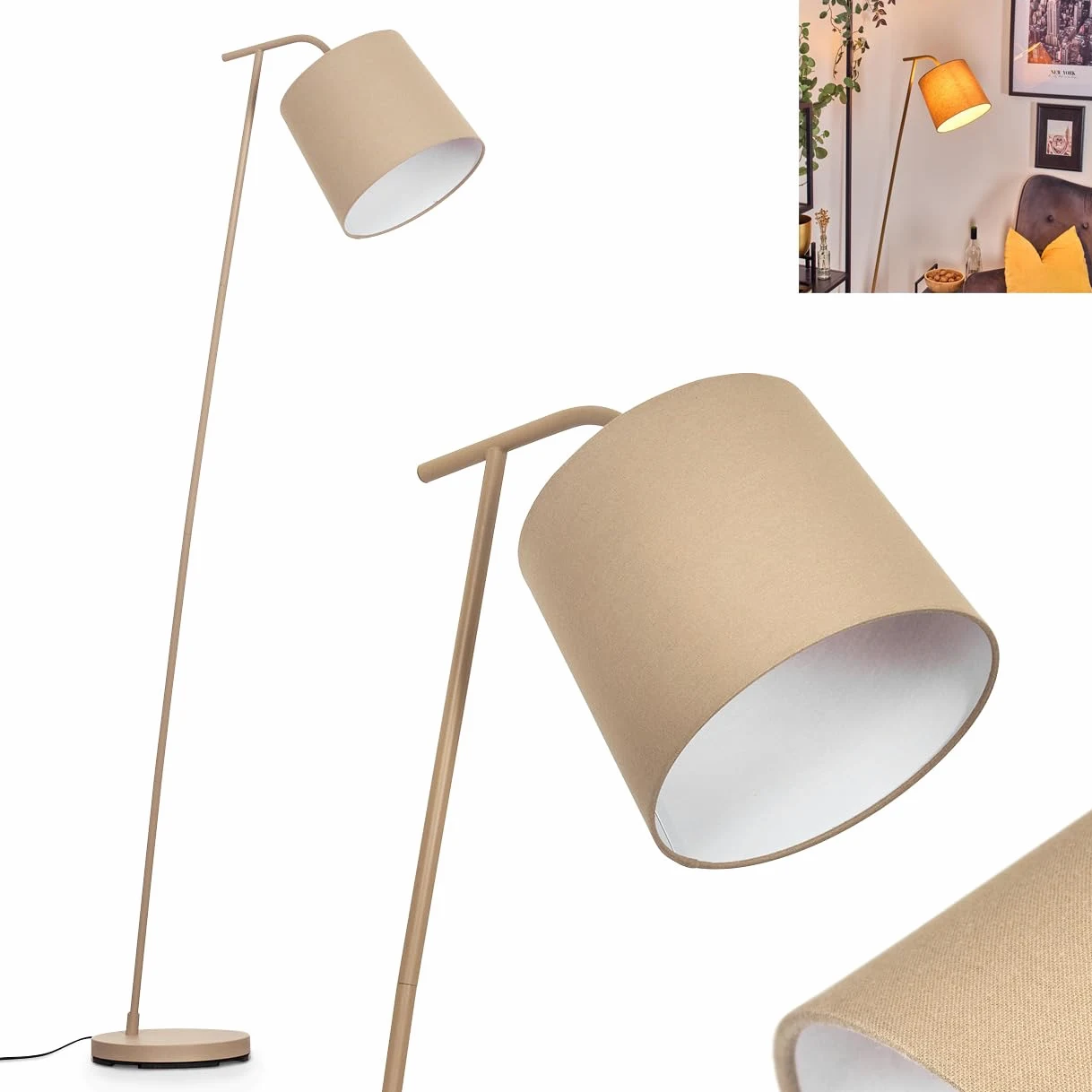 Lampada da terra Palmeiros, lampada da terra in metallo/tessuto beige/bianco, lampada in stile boho con paralume rotondo (Ø 25 cm) e interruttore a pedale, altezza 160 cm, 1 x E27, senza lampadina