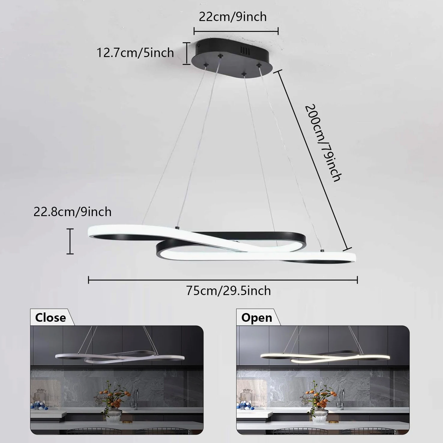 Lampadario Moderno a LED Dimmerabile Nero per Sala da Pranzo - Luce Sopra il Tavolo, Illuminazione Moderna per Isola Della Cucina con Telecomando, Altezza Regolabile