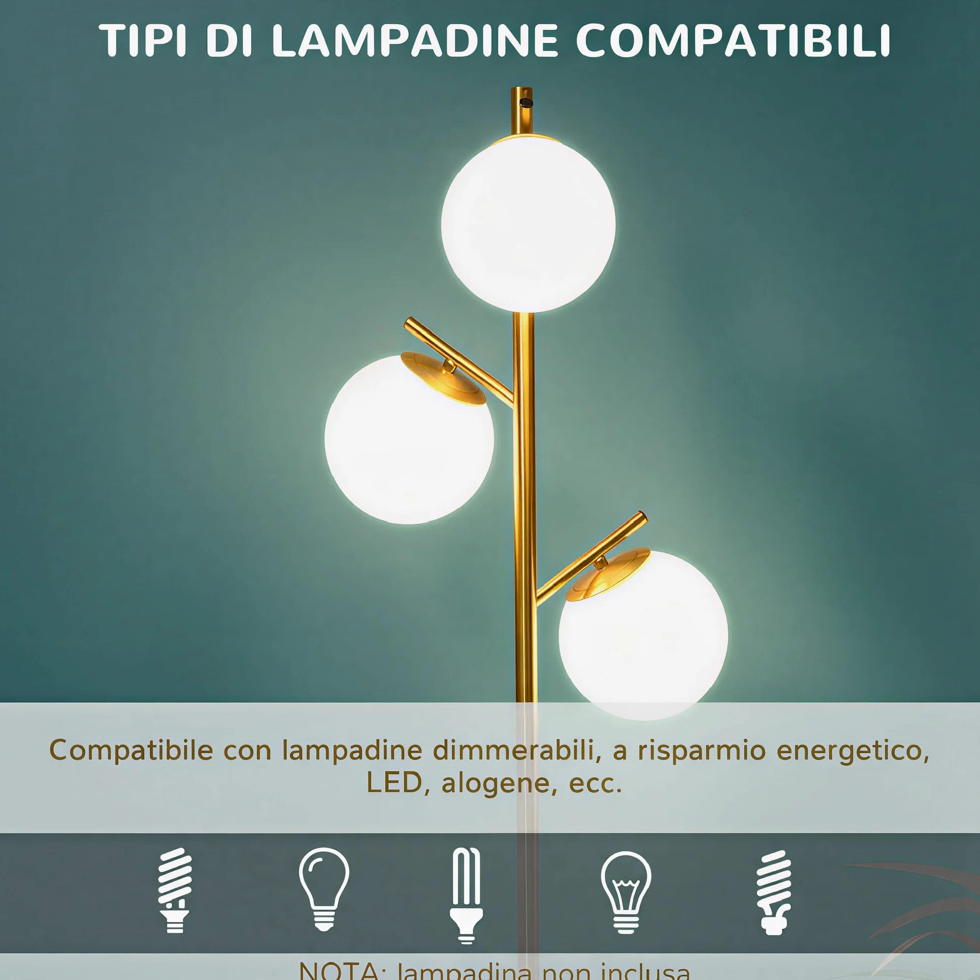 HOMCOM Lampada da Terra Moderna con 3 Punti Luce, Lampada a Piantana in Metallo e Vetro, Ø27x169cm, Oro