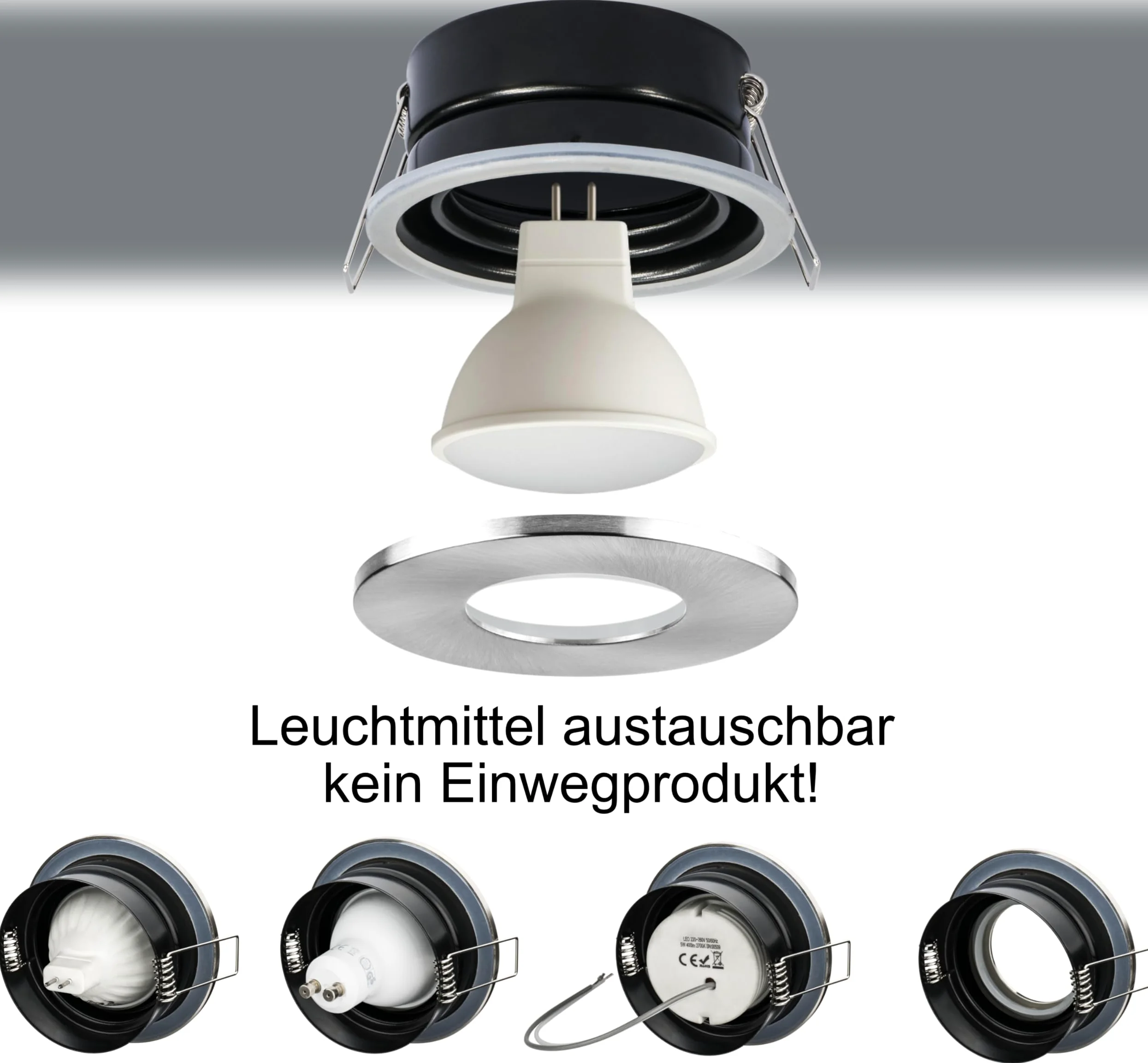 JungesLicht - Faretto da incasso IP65 da 12 V con trasformatore, 3 lampadine LED da 4 W – intercambiabili, foro 68 – 72 mm, esterno 83 mm, profondità 65 mm, set completo, lampada da incasso per bagno