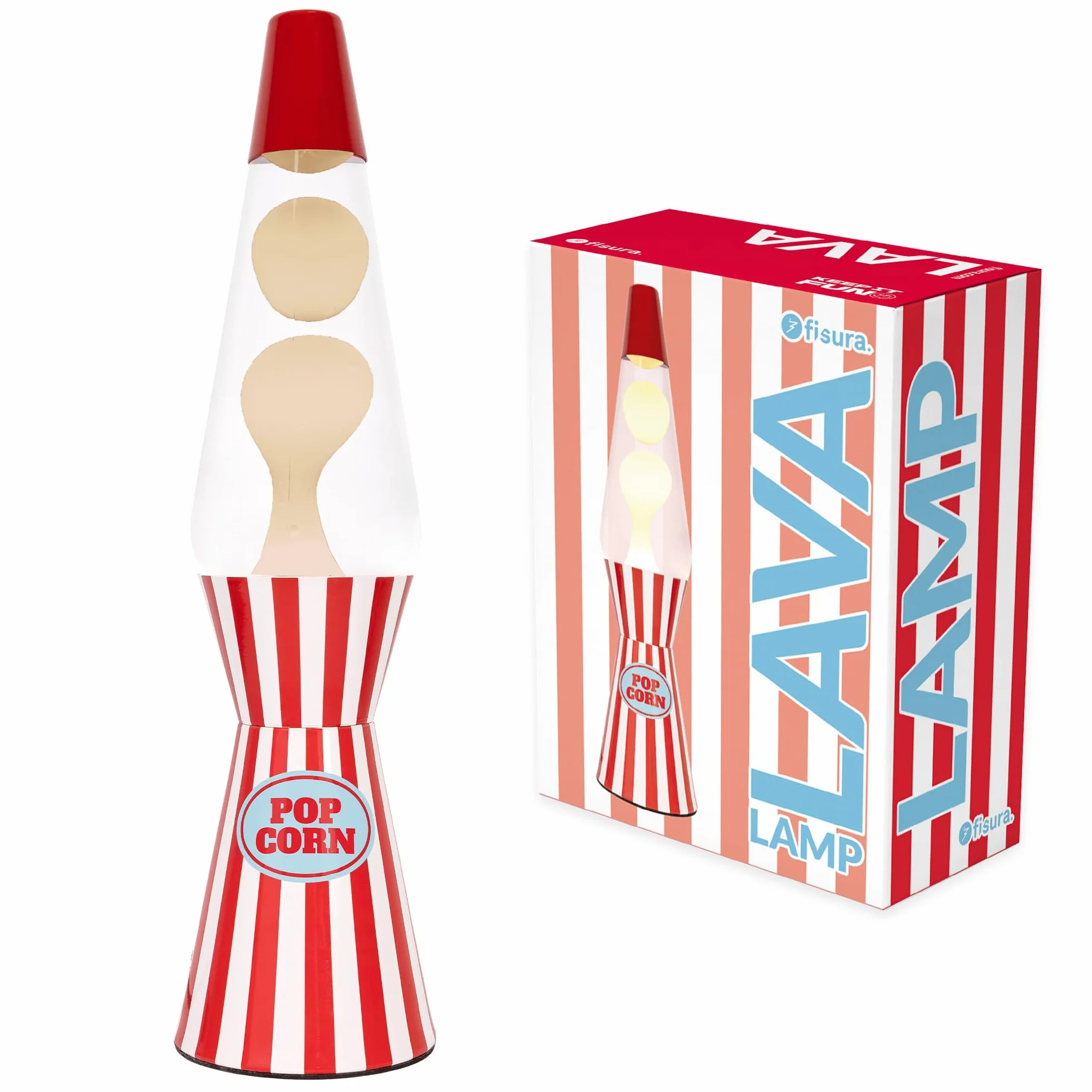 Fisura – Lampe à lave décorative “Pop corn”. Lampe relaxante au design original pour maison ou bureau, base à rayures et lave blanche, ampoule de rechange incluse, 11 x 11 x 40 cm