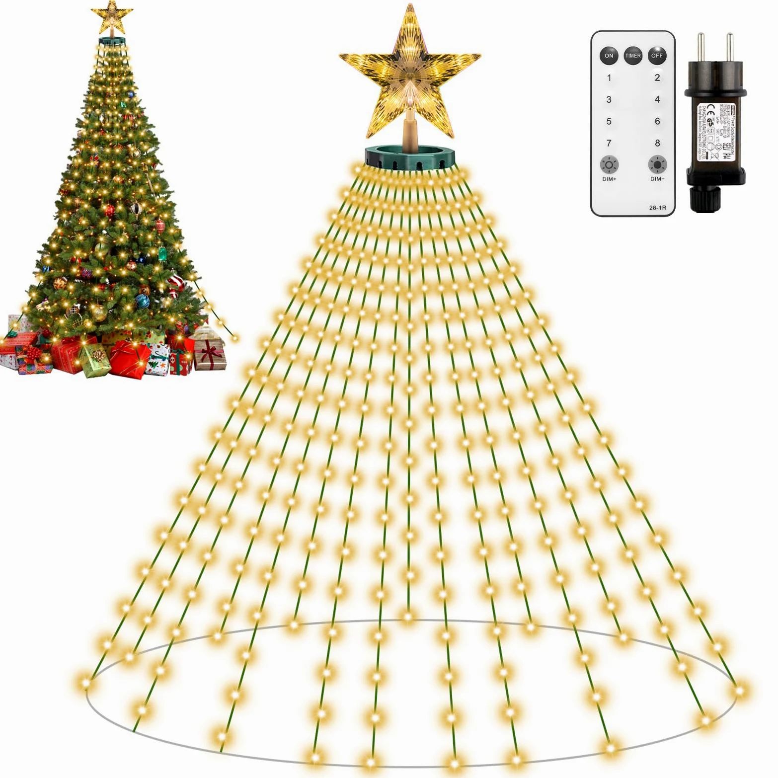 410 LED Luci Albero di Natale, 8 Modalità 2Mx16 Fili Mantello Luci per Albero di Natale a Cascata con Star Topper， Impermeabile Luminarie Natalizie con Telecomando per Interno Esterno Decorazioni | 8 Modalità luminose, Impermeabile Luminarie Natalizie con