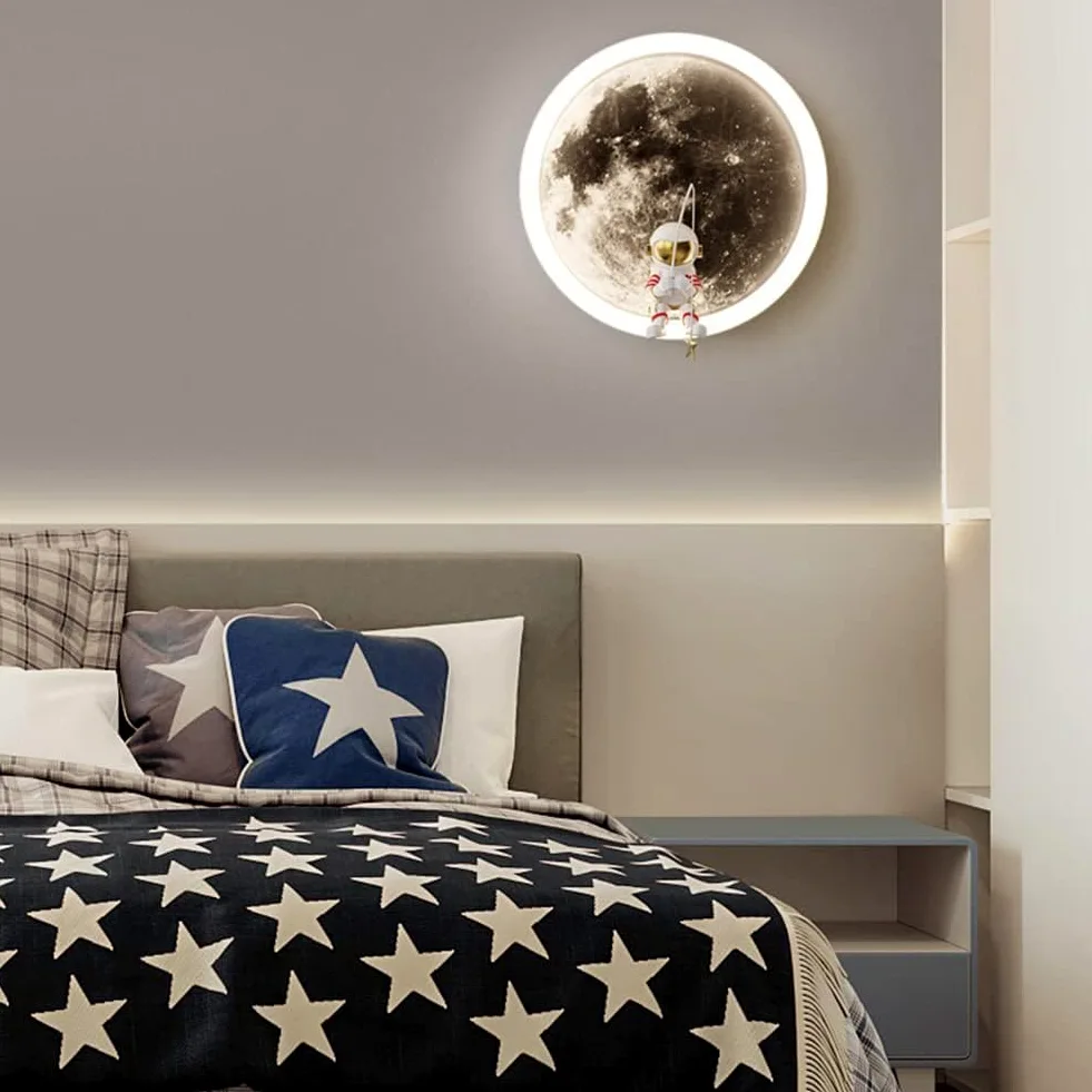 LED bambini luce di luna parete luce, decorazione astronauta interna, 3000K 12W bambini circolare camera da letto Bianco