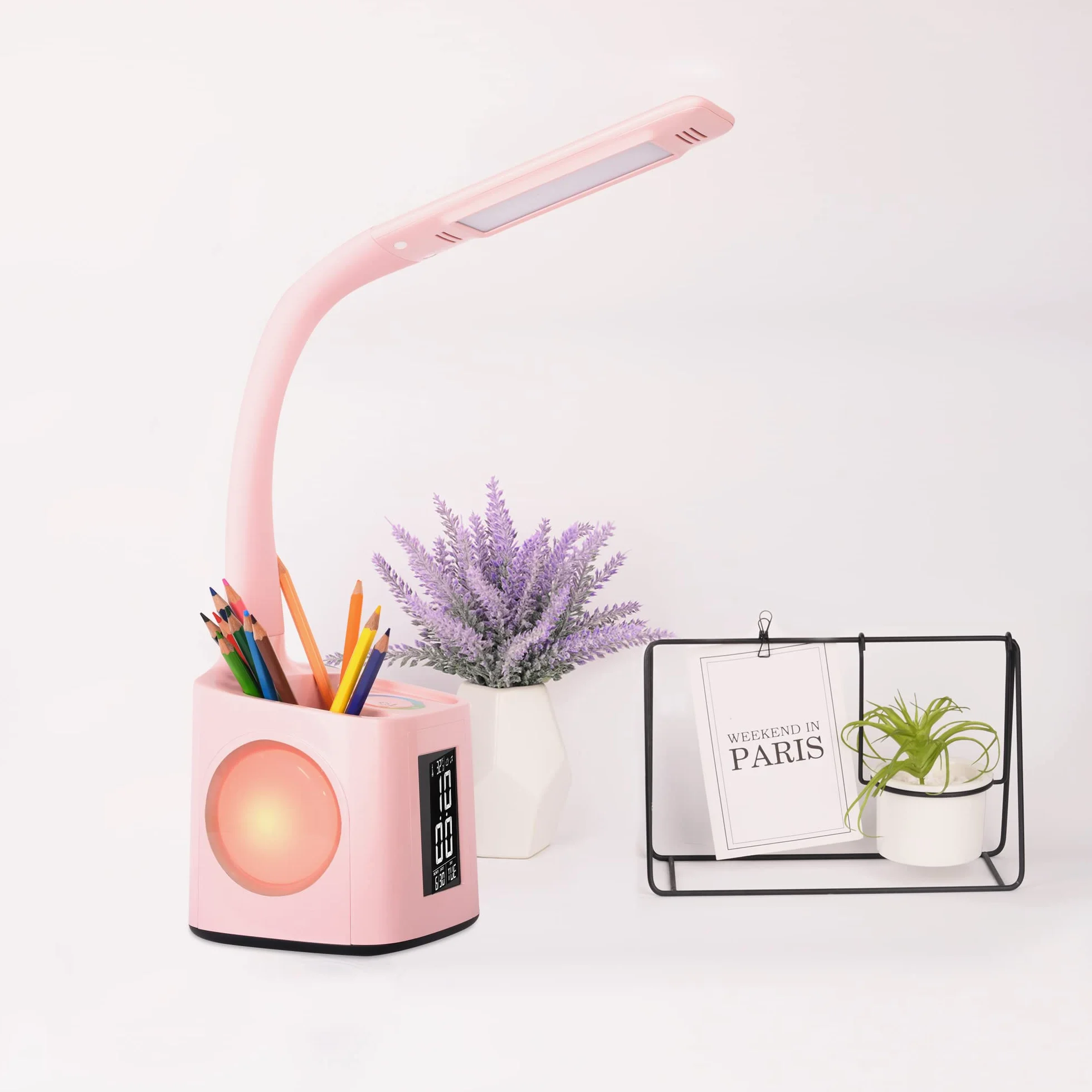 Lampada da scrivania a LED, lampada da scrivania per bambini con orologio, sveglia, calendario, termometro, RGB e portapenna, luce regolabile per proteggere gli occhi, lampada da scrivania per bambini