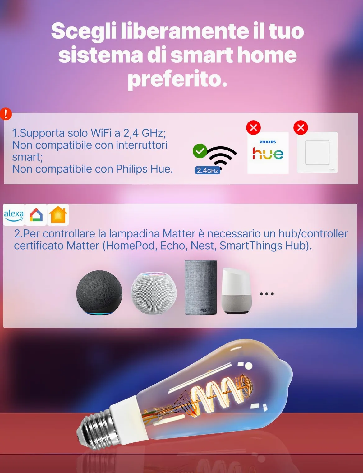 MOES Matter WiFi Lampadina intelligente RGB E27 compatibile con Alexa | Google Home, Apple Home, 5W 400LM 2700K-6500K RGB dimmerabile 16 Milioni di Colori, 2.4GHz