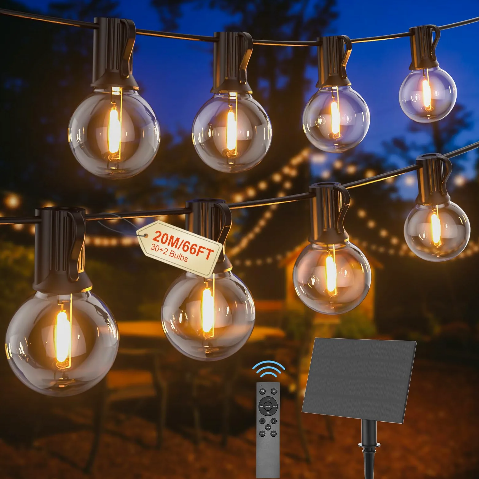 Luci Solari Da Esterno G40 20M Con Ricarica USB O Solare Duale Festoon Lights 24V Con Telecomando Dimmabile Timer 30 Lampadine Infrangibili Impermeabili Per Giardino