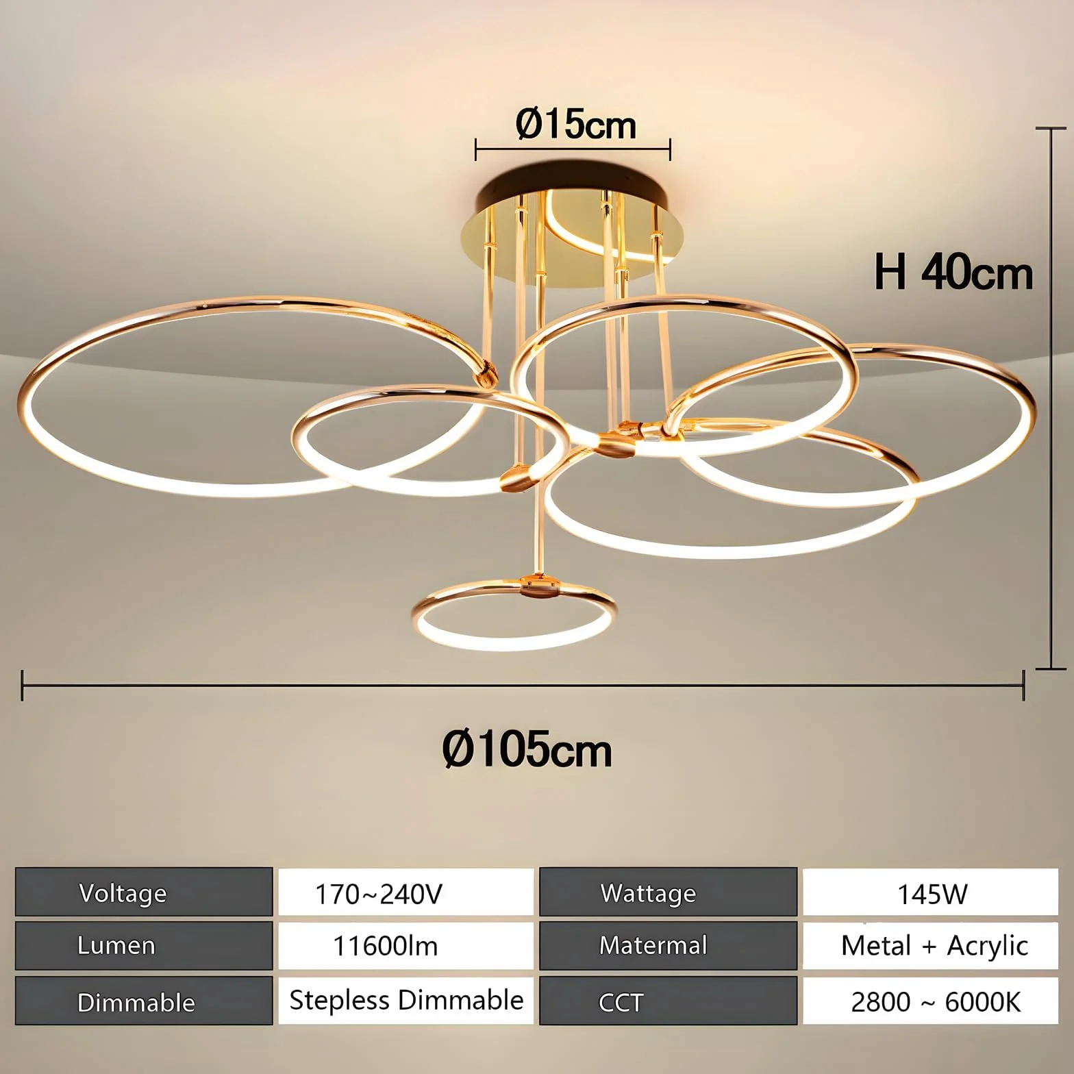 LED Plafoniera, Ø105cm Lampadario Cerchio In Metallo Dorato, 145W Dimmerabile Continuo 3000-6000K, Lampadario Rotondo Moderno In Placca Camera Letto Soggiorno Bambini Ufficio Studio (6 Anelli)