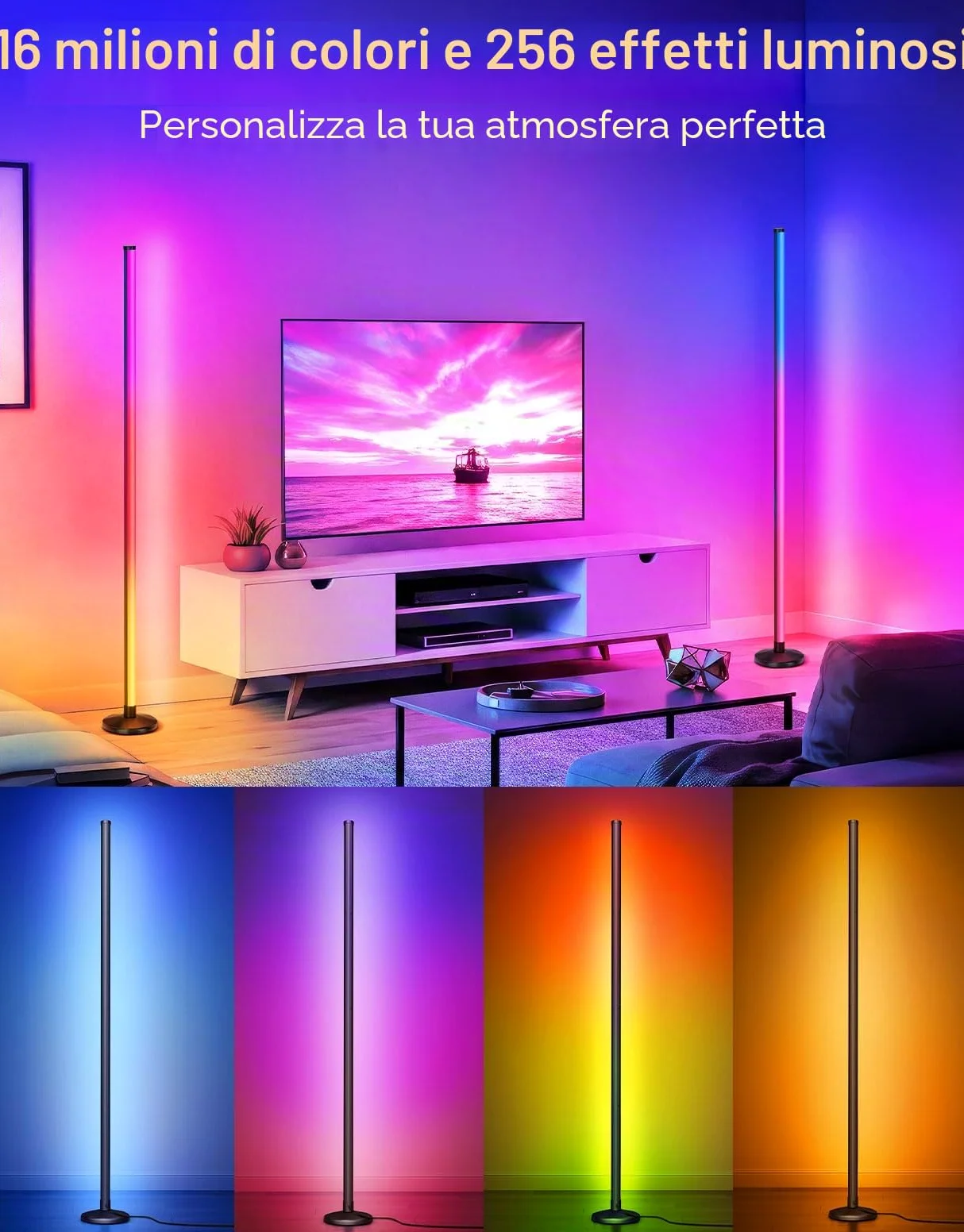 OUTON Lampada da Terra LED 2-Pezzi, RGBIC Dimmerabile Piantana con Telecomando e Controllo APP, 16 Milioni di Colori, Sincronizzazione Musicale, Timer, per Soggiorno, Camera, Giochi