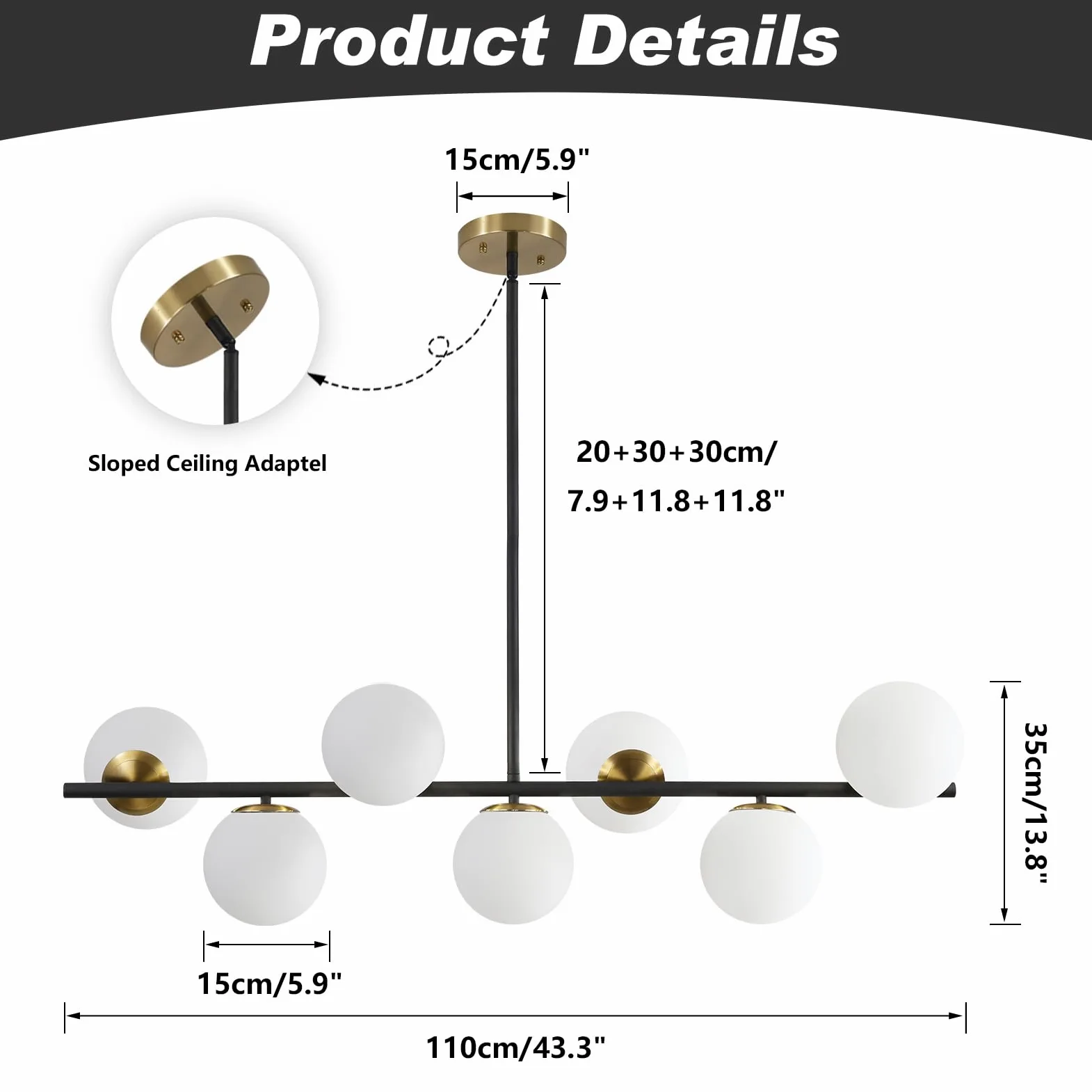 KCO Illuminazione Nero e Ottone Lineare Lampada a Sospensione Mid Century Moderno Sputnik Lampadario 7 Luci Vetro Latte Globo Cucina Isola Illuminazione a sospensione per Sala da pranzo Soggiorno
