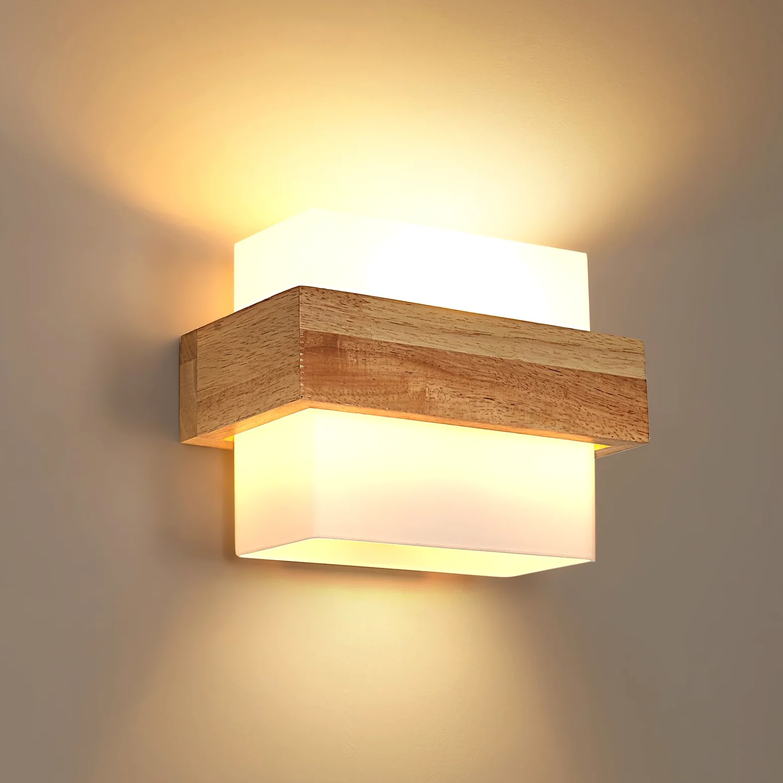 DELIPOP Applique da Parete Interno, Moderno Lampada da Parete Quadrato in Legno con Paralume in Vetro, E27 Illuminazione Interni Lampada a Muro per Camera da Letto Soggiorno Corridoio Scale