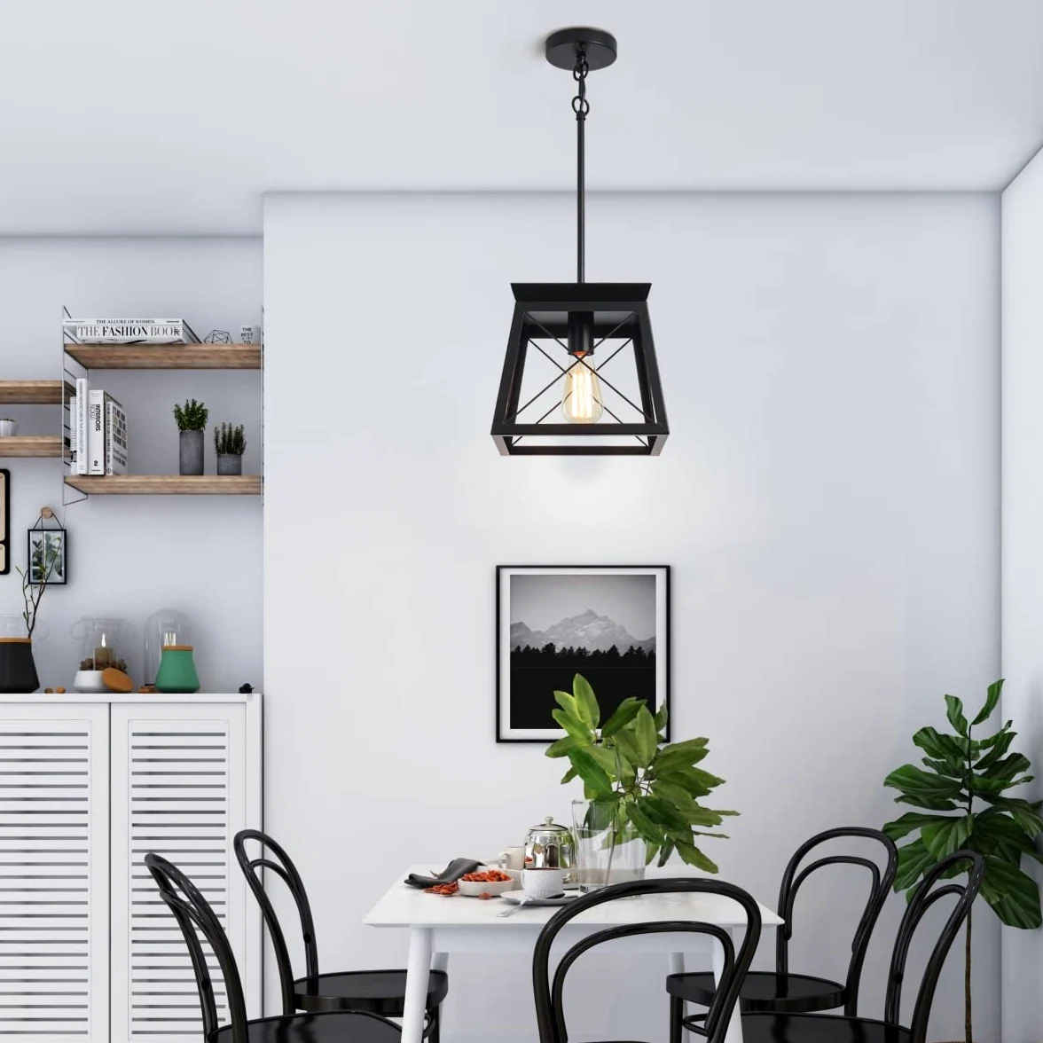 Ganeed Lampada a sospensione da fattoria Gabbia in metallo Lampadario a lanterna rustica regolabile in altezza per cucina Isola Sala da pranzo Camera da letto Foyer E27 Nero 1 luce