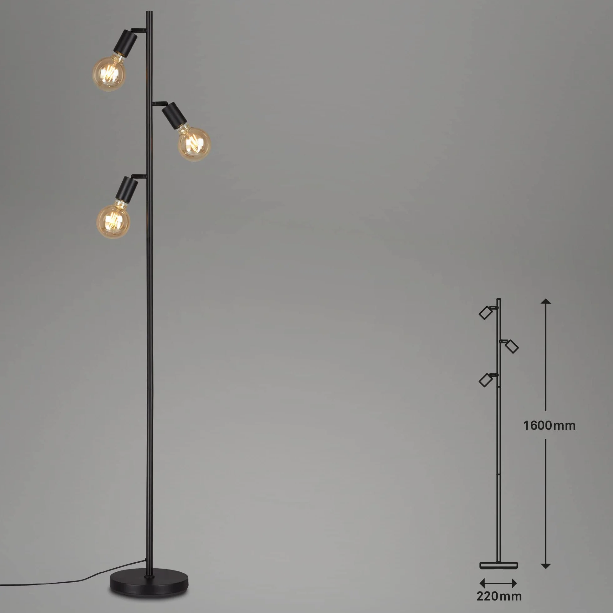 BRILONER - Lampada a stelo orientabile, piantana, lampada da terra, 3 x E27, con interruttore sul cavo, stile retrò, vintage, nero, 10W, 220 x 1600 mm (DxA)