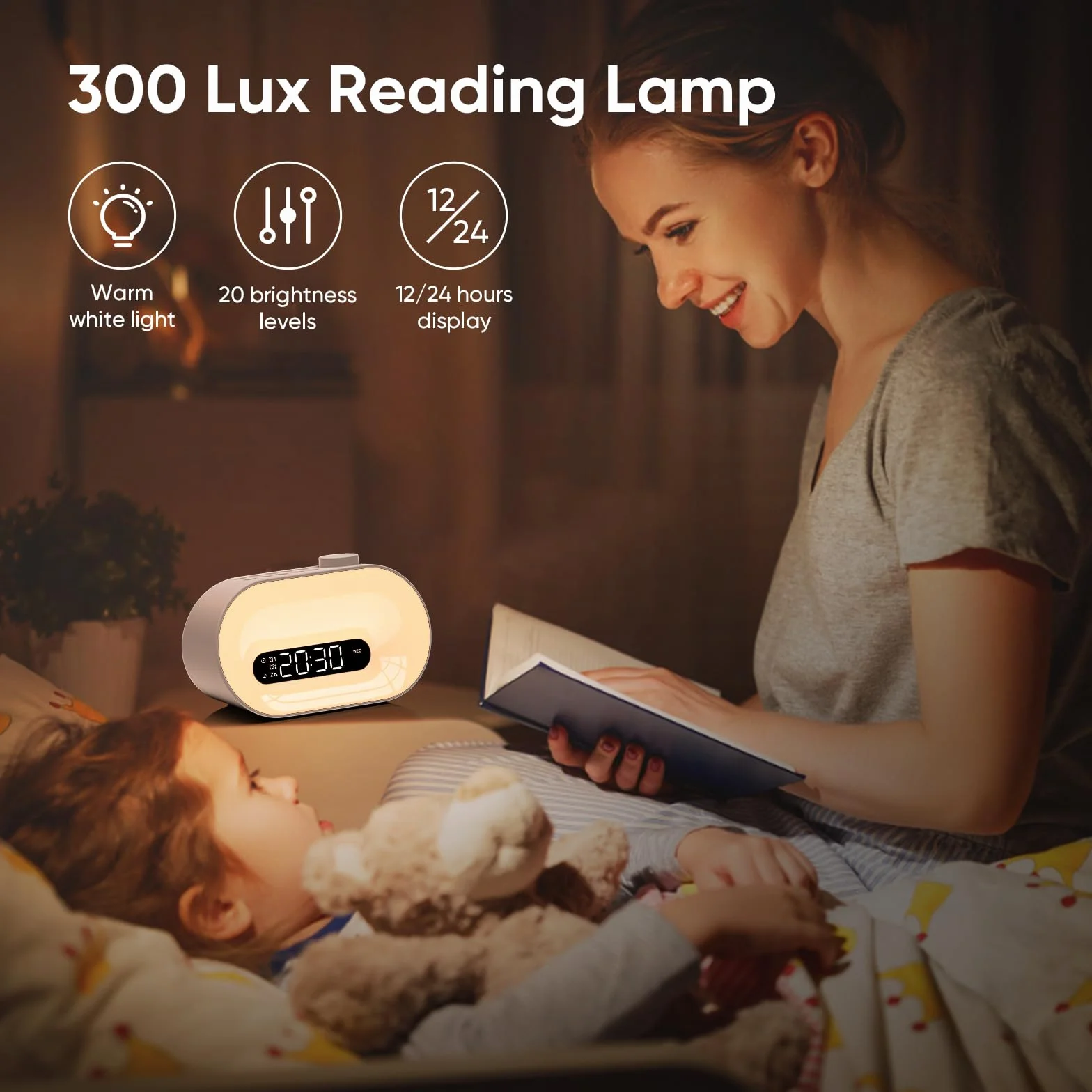 Macchina sonora bianca con 30 suoni del sonno, 14 luci notturne, dimmer 0-100%, doppio allarme, timer, lampada da comodino dimmerabile sveglia per bambini, adulti dormienti pesanti, camere da letto