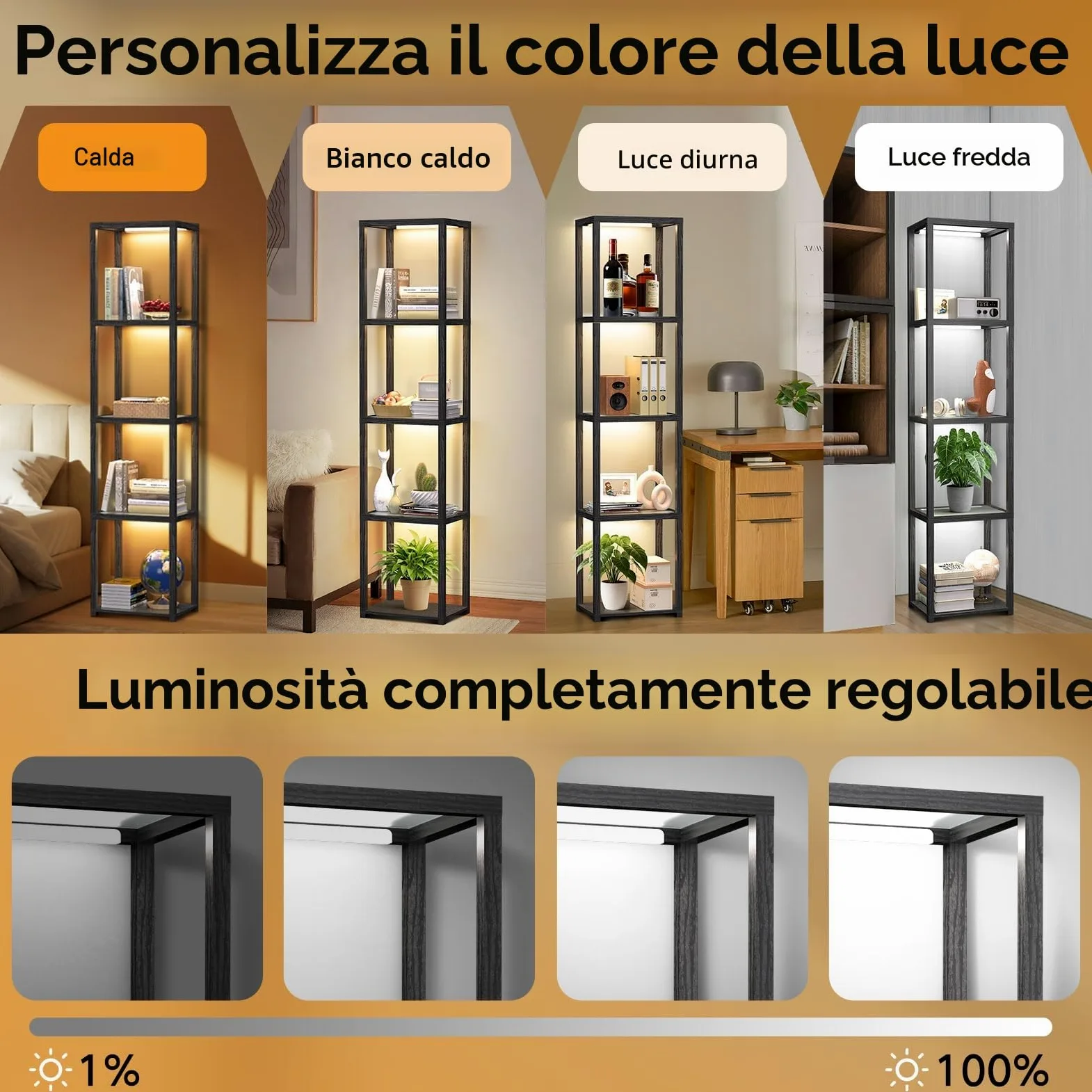 OUTON 170cm Vetrina in Vetro con Luci, Lampada da Terra a LED Dimmerabile con Telecomando e Controllo via App, Libreria Aperta per Oggetti da Collezione per Soggiorno e Camera da Letto, Nera