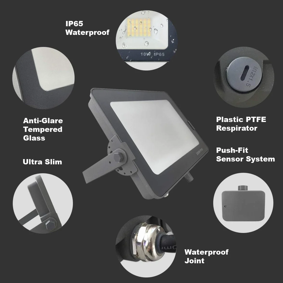 proiettori, Proiettore LED da esterno IP65 50W 4500-5000Lms, involucro grigio con fotocellula dal tramonto all'alba(10 Watts)